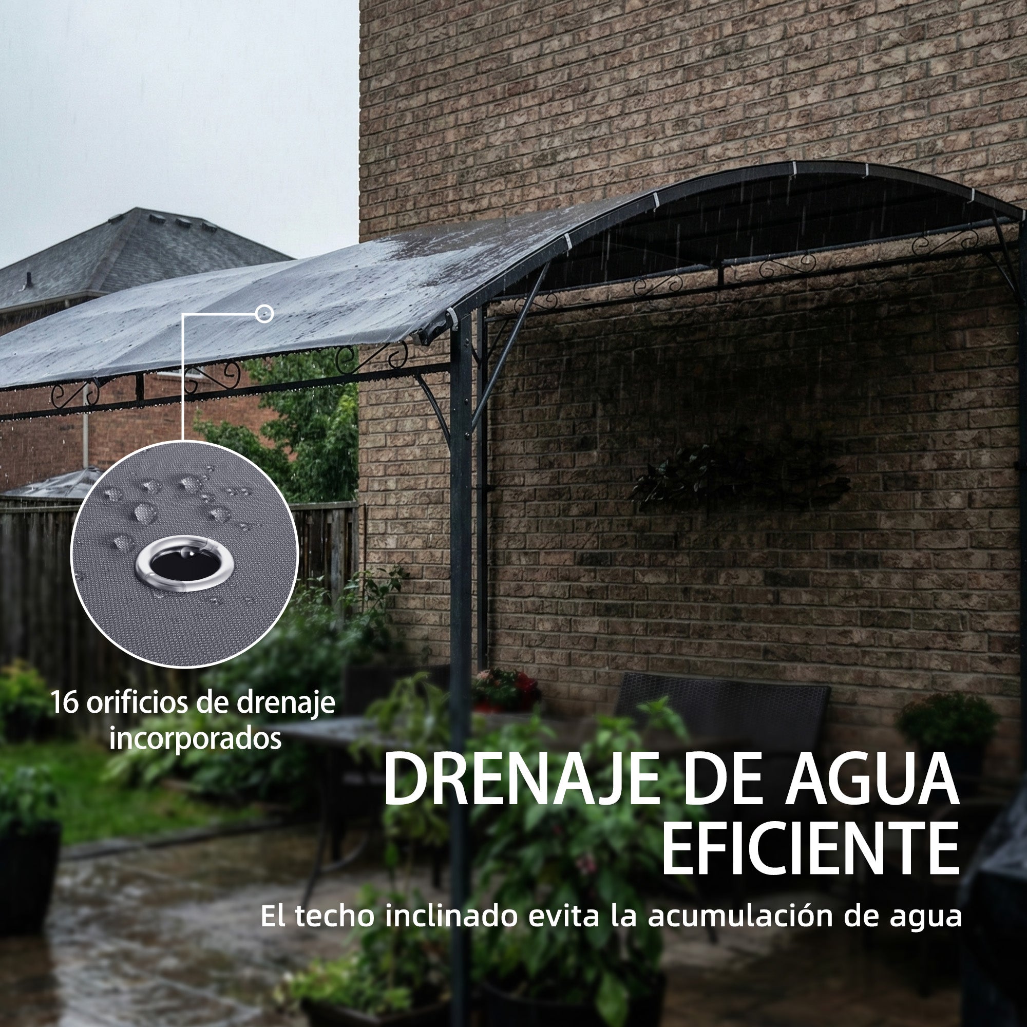 Outsunny Pérgola de Pared de Jardín 2,8x3,8 m, Cenador de Jardín con Techo Inclinado, Orificios de Drenaje y Estructura Metálica, Resistente a la Intemperie, para Patio, Terraza, Balcón, Gris