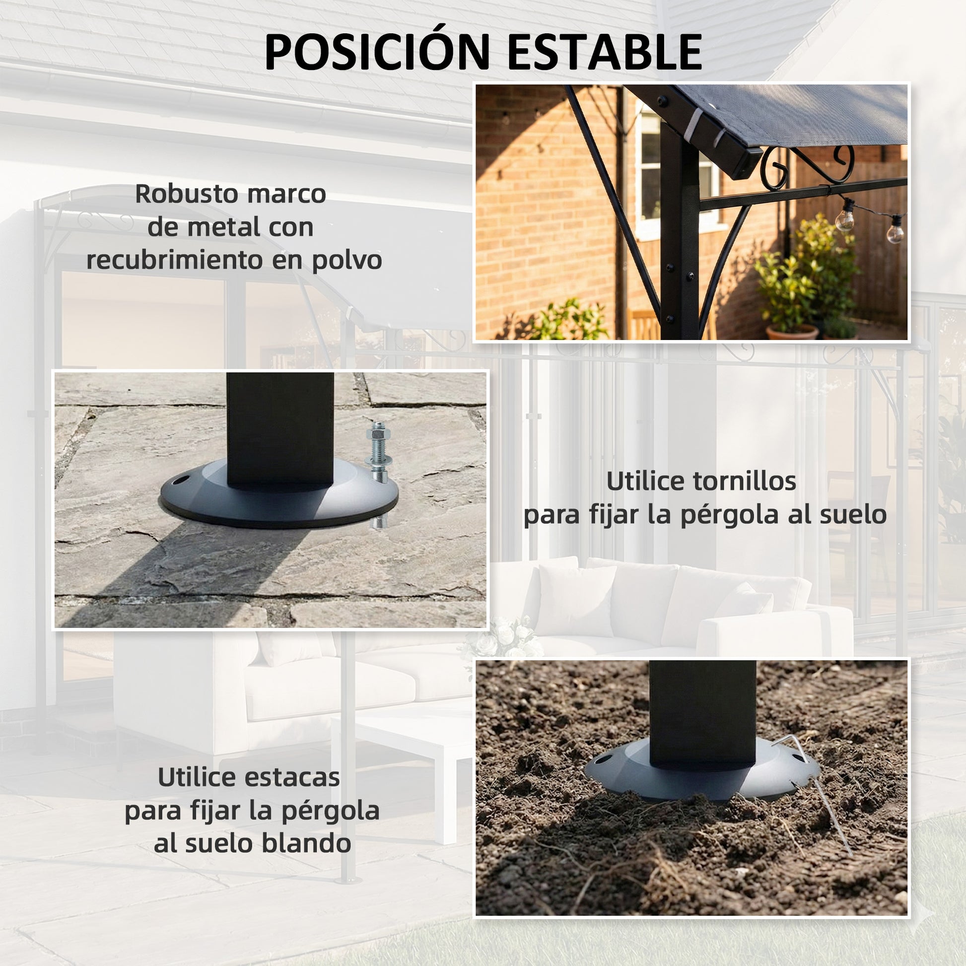 Outsunny Pérgola de Pared de Jardín 2,8x3,8 m, Cenador de Jardín con Techo Inclinado, Orificios de Drenaje y Estructura Metálica, Resistente a la Intemperie, para Patio, Terraza, Balcón, Gris