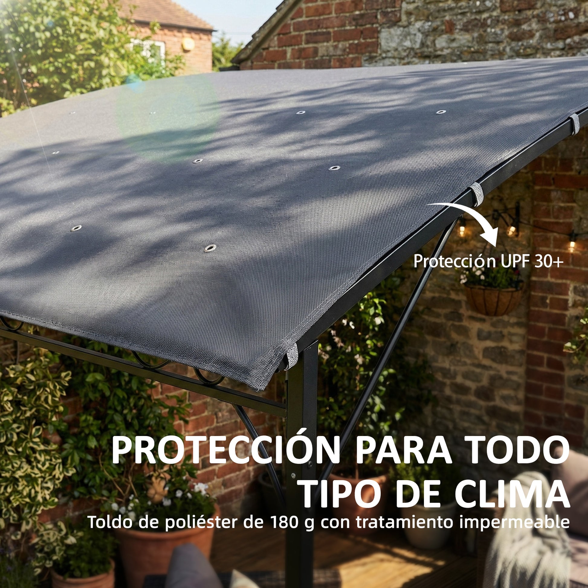 Outsunny Pérgola de Pared de Jardín 2,8x3,8 m, Cenador de Jardín con Techo Inclinado, Orificios de Drenaje y Estructura Metálica, Resistente a la Intemperie, para Patio, Terraza, Balcón, Gris