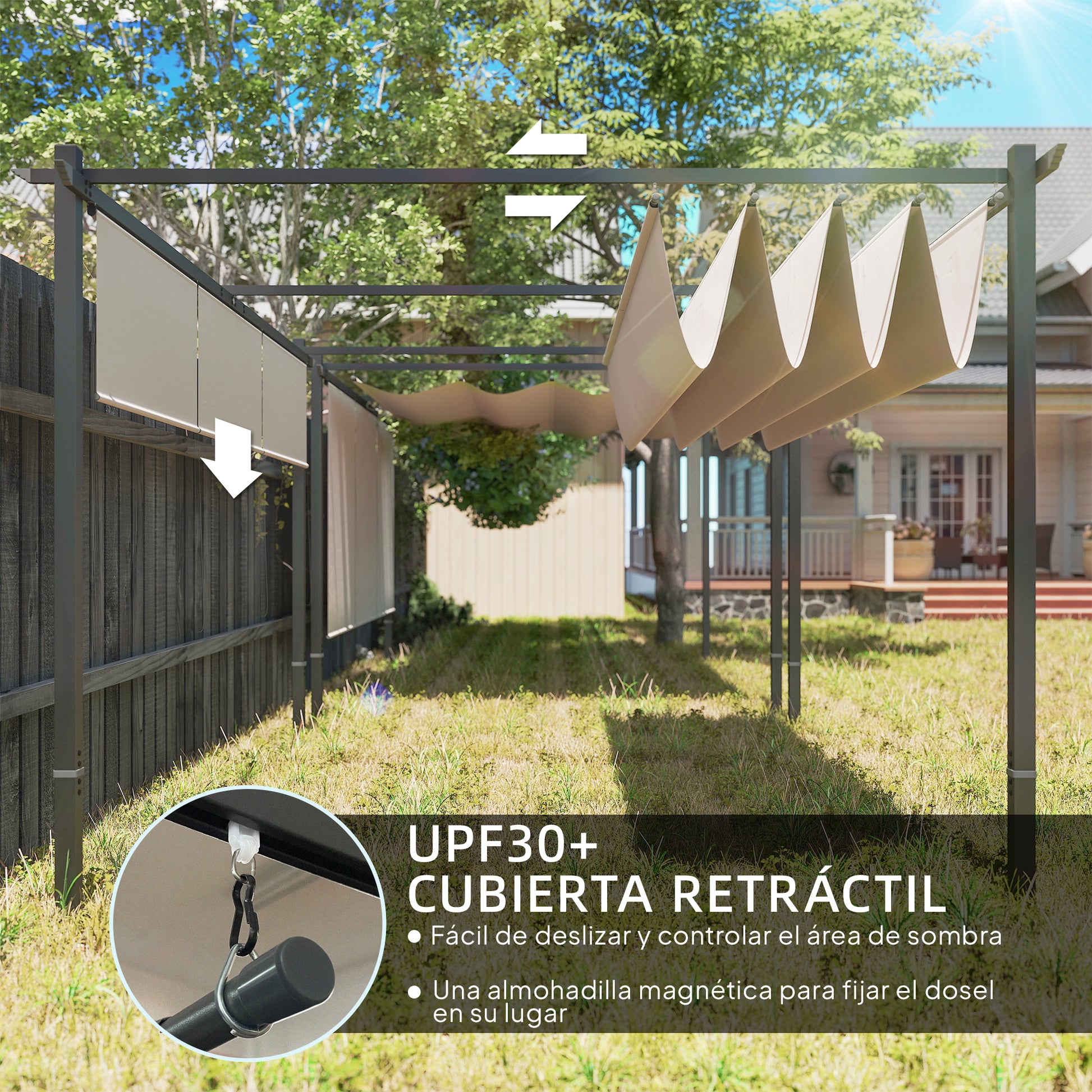 Outsunny Pérgola de Jardín 4x3 m con Techo Retráctil y 3 Laterales Enrollables, Cenador de Jardín Montado en Pared o Independiente, con UPF30+, Estructura Metálica, Pabellón para Exterior, Beige