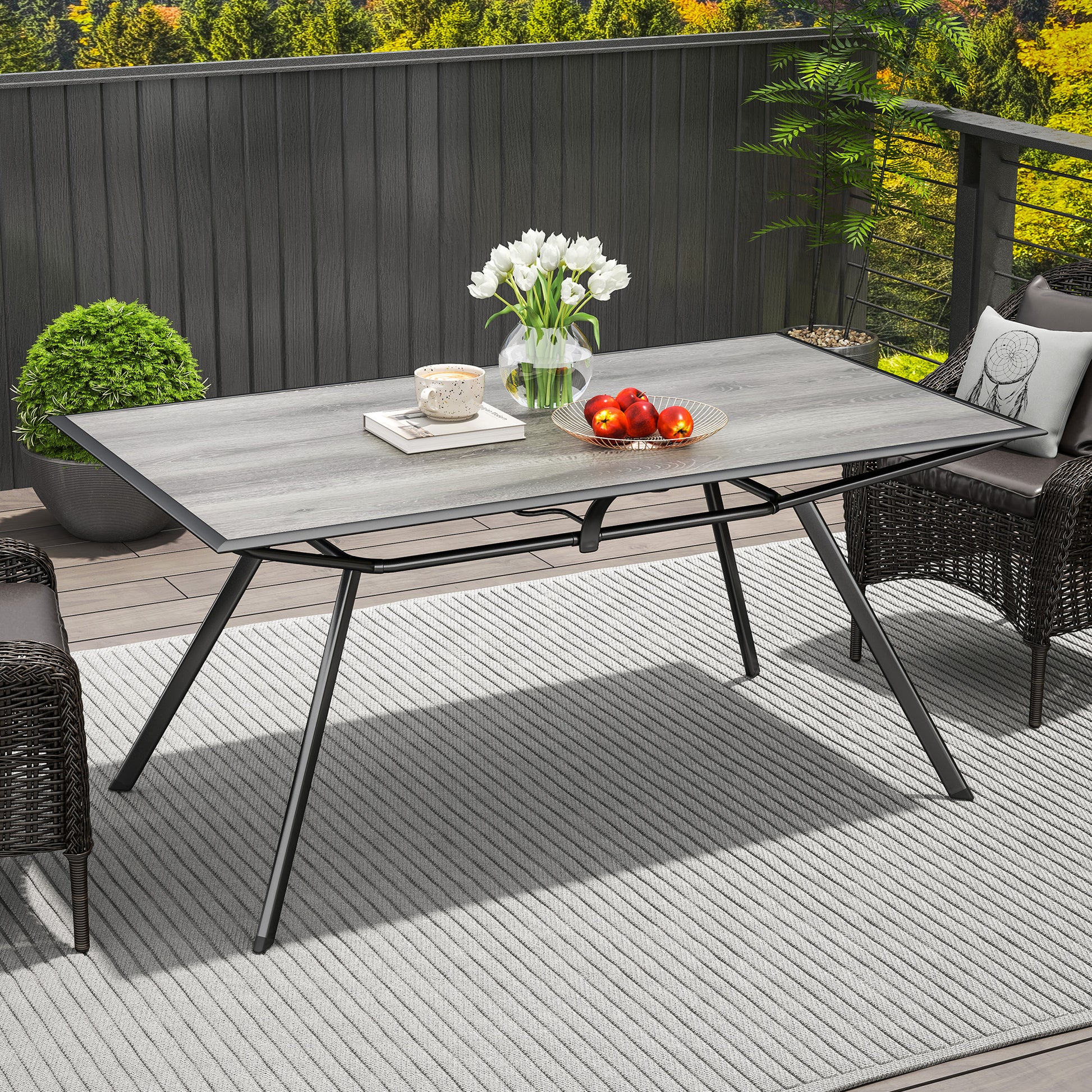 Outsunny Mesa de Jardín Exterior Mesa de Comedor Exterior con Encimera Imitación Madera y Estructura de Acero Carga 70 kg Mesa Rectangular para 6 Personas para Patio Terraza Gris