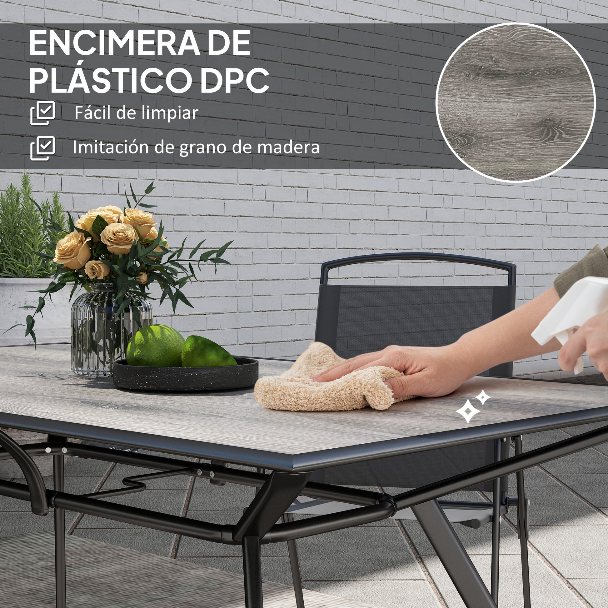 Outsunny Mesa de Jardín Exterior Mesa de Comedor Exterior con Encimera Imitación Madera y Estructura de Acero Carga 70 kg Mesa Rectangular para 6 Personas para Patio Terraza Gris