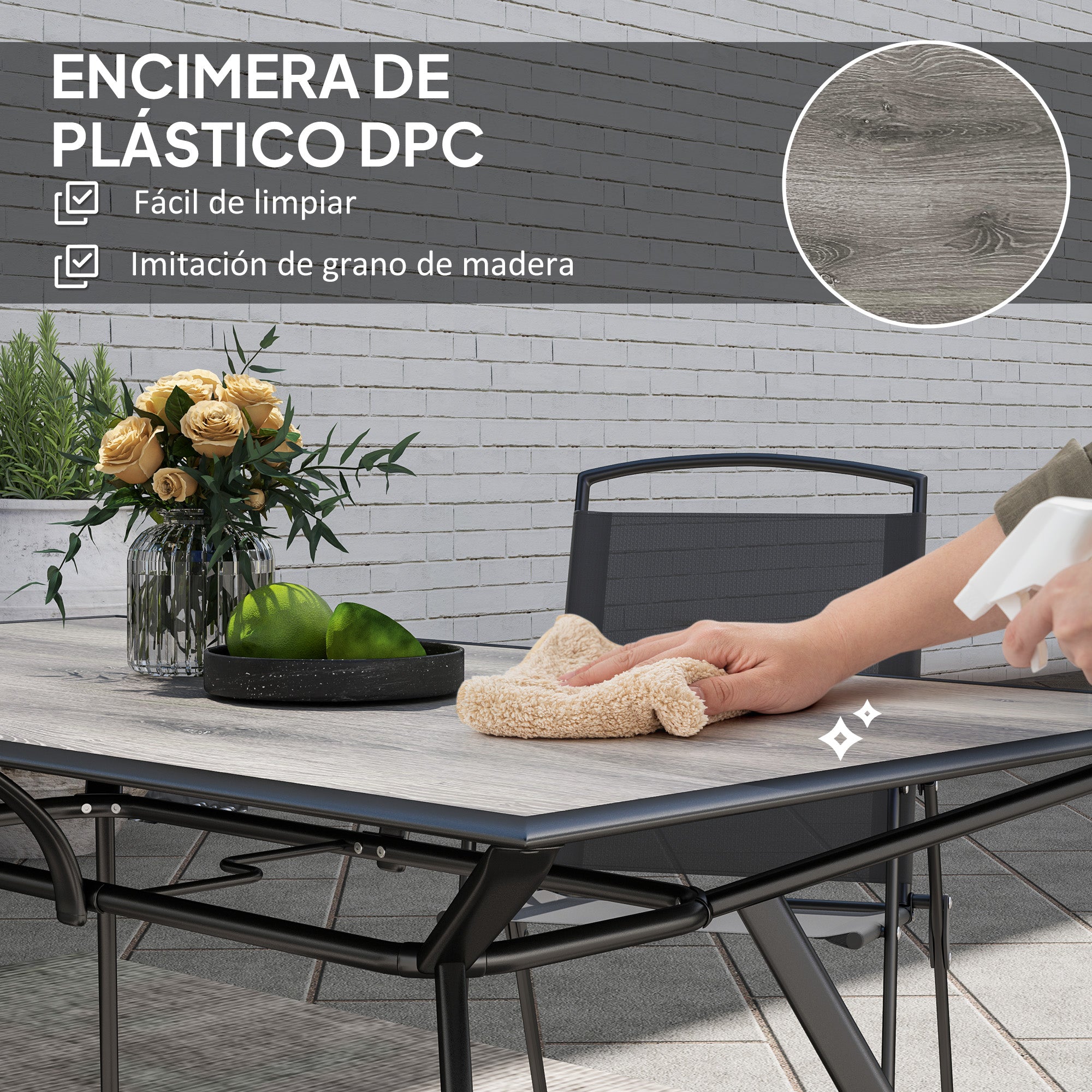 Outsunny Mesa de Jardín Exterior Mesa de Comedor Exterior con Encimera Imitación Madera y Estructura de Acero Carga 70 kg Mesa Rectangular para 6 Personas para Patio Terraza Gris