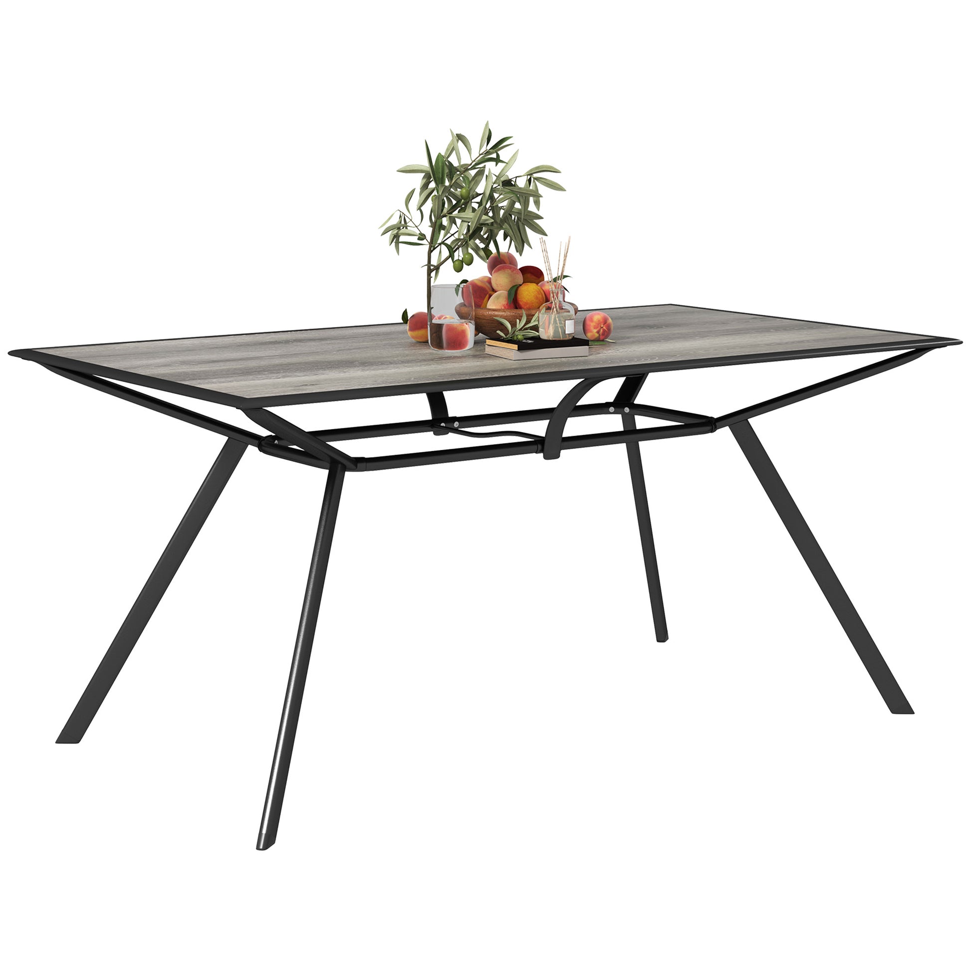 Outsunny Mesa de Jardín Exterior Mesa de Comedor Exterior con Encimera Imitación Madera y Estructura de Acero Carga 70 kg Mesa Rectangular para 6 Personas para Patio Terraza Gris