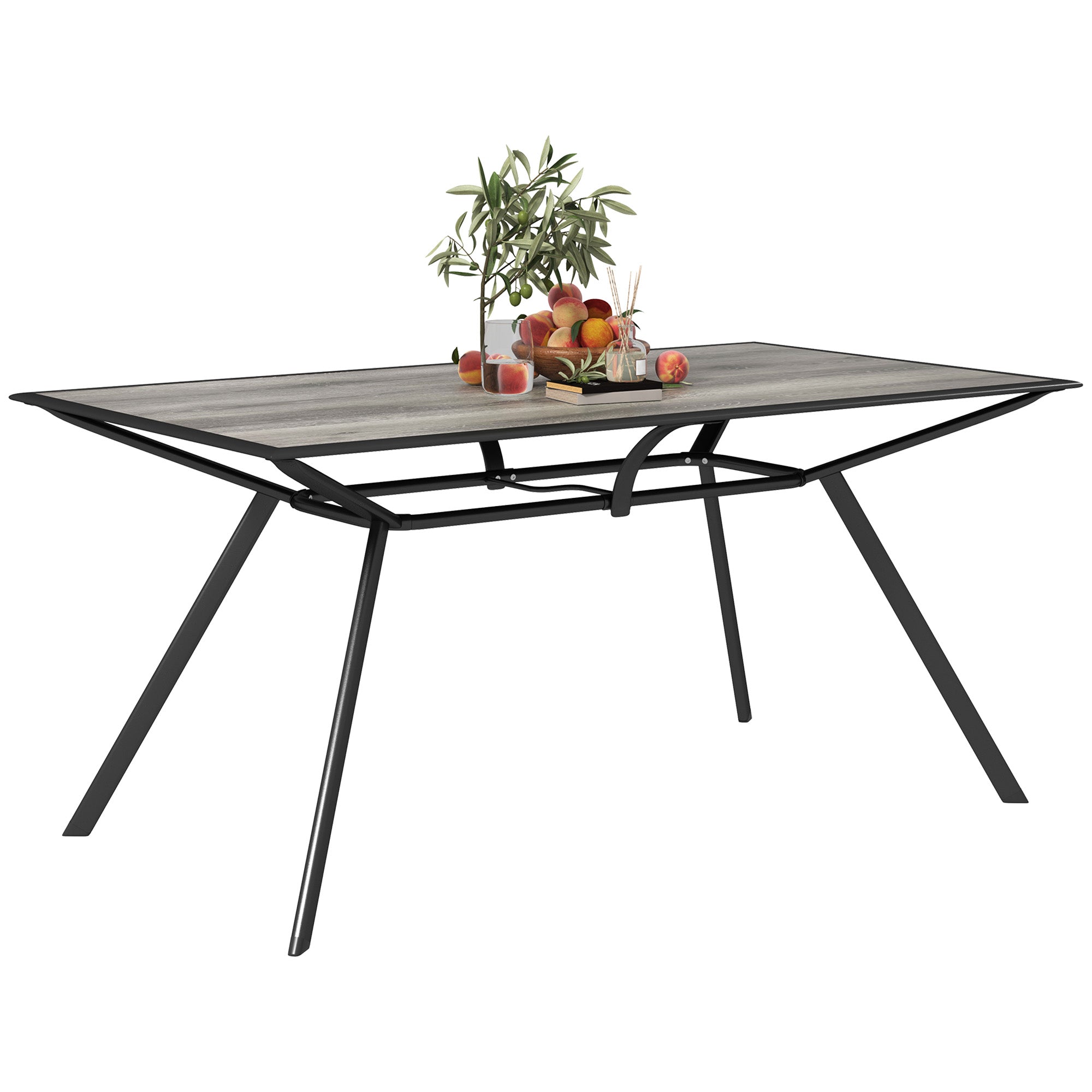 Outsunny Mesa de Jardín Exterior Mesa de Comedor Exterior con Encimera Imitación Madera y Estructura de Acero Carga 70 kg Mesa Rectangular para 6 Personas para Patio Terraza Gris