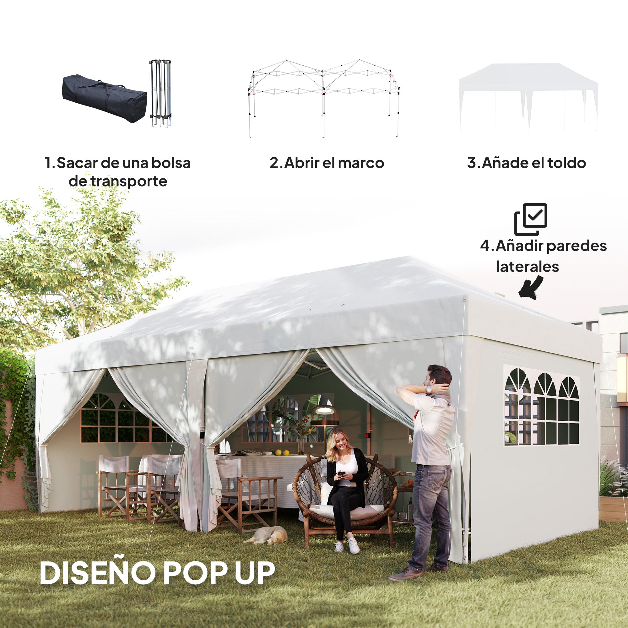Outsunny Carpa Plegable Gazebo 6x3 m Cenador Plegable con 6 Paredes Laterales Impermeable Anti-UV y Bolsa de Transporte Pabellón de Jardín para Camping Fiestas Blanco