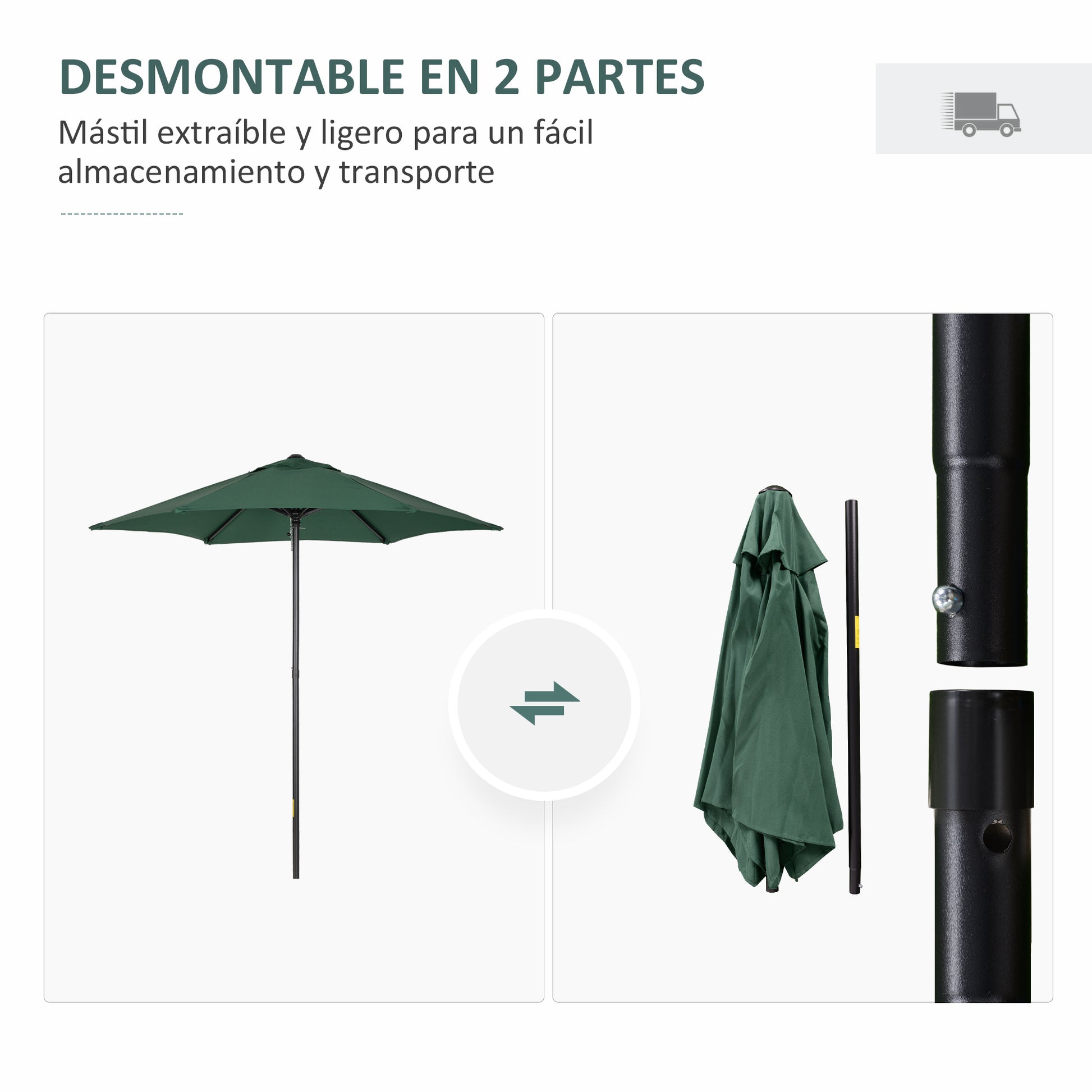 Outsunny Sombrilla de Terraza Exterior Ø2x2 m Parasol de Terraza Exterior con Techo de Ventilación y Poste Desmontable de Aluminio Sombrilla para Jardín Patio Verde