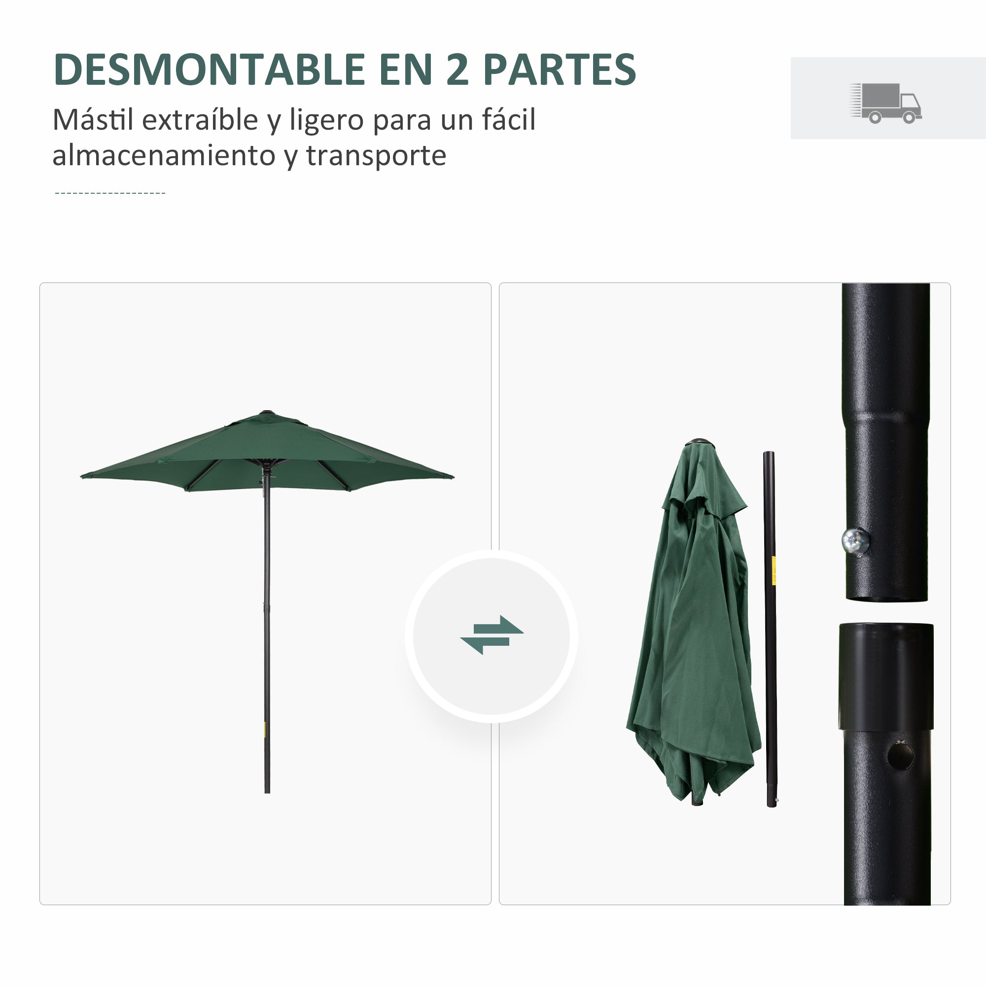 Outsunny Sombrilla de Terraza Exterior Ø2x2 m Parasol de Terraza Exterior con Techo de Ventilación y Poste Desmontable de Aluminio Sombrilla para Jardín Patio Verde
