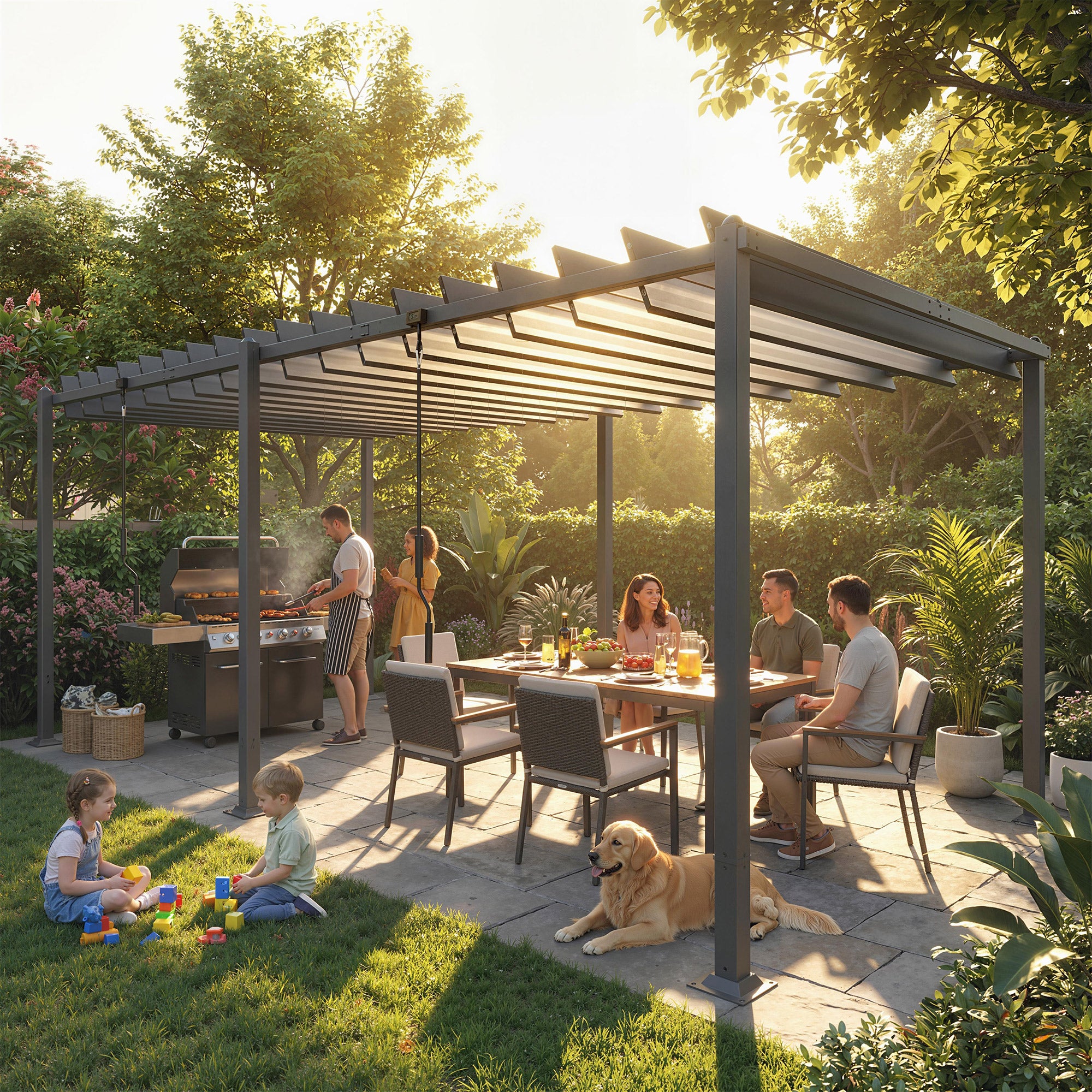 Outsunny Pérgola de Jardín 3x5,7 m, Cenador de Jardín con Techo de Lamas Ajustable a 90°, Manivela, Estructura de Aluminio, Protección UPF50+, Pabellón para Exterior, Patio, Terraza, Gris Oscuro