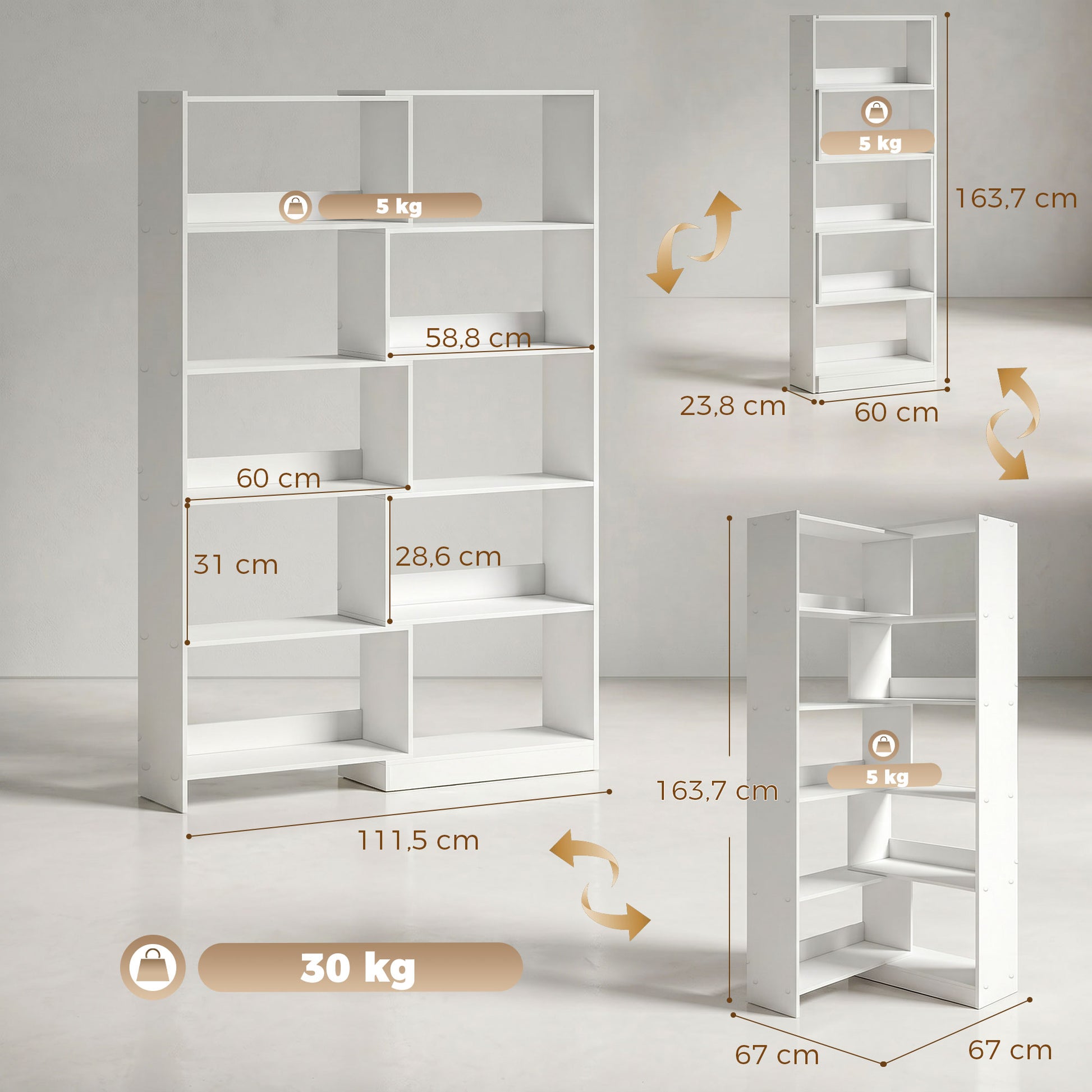 HOMCOM Estantería Expandible 5 Niveles, Librería para Libros Giratoria 350°, Ancho Ajustable, Convertible en en L, Recta o Compacta para Salón, Dormitorio, Estudio 111,5x23,8x163,7 cm Blanco