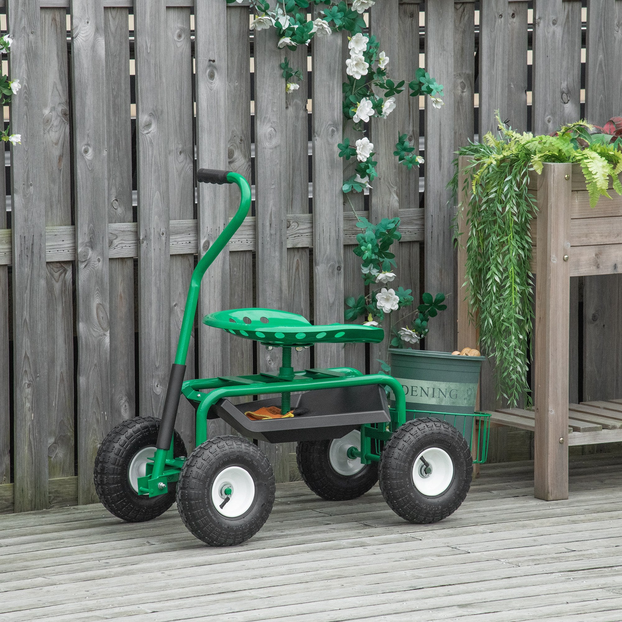 Outsunny Asiento de Jardín con Ruedas, Taburete de Jardinería con Asiento Giratorio y Ajustable en Altura, Ruedas Neumáticas, Bandeja de Herramientas y Cesta, Carga 150 kg para Patio, Exterior, Verde