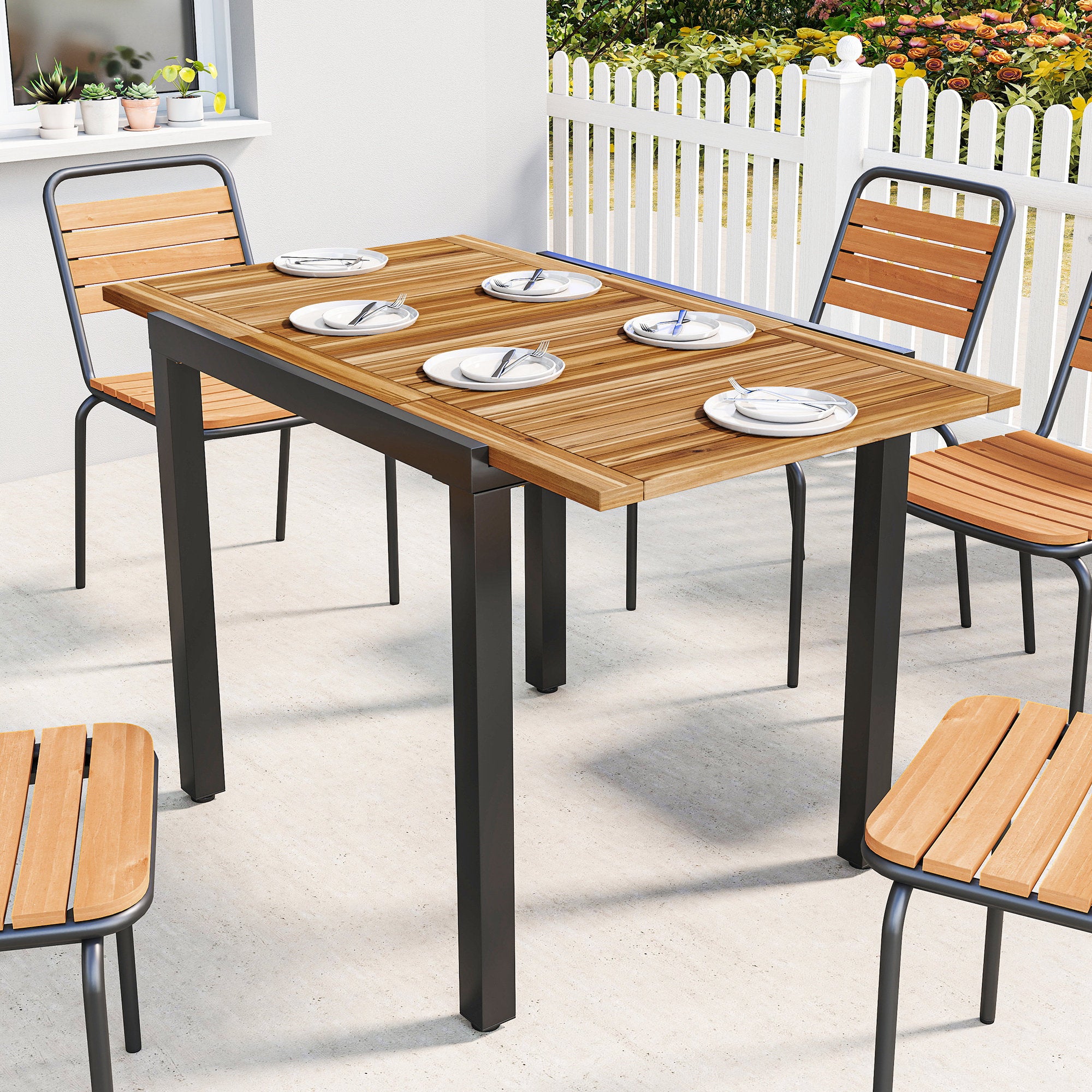 Outsunny Mesa de Jardín Extensible 120/80x70 cm, Mesa de Comedor Exterior Extensible Rectangular con Estructura de Acero y Tablero de Madera de Acacia, para 4-6 Personas, para Patio, Terraza, Natural