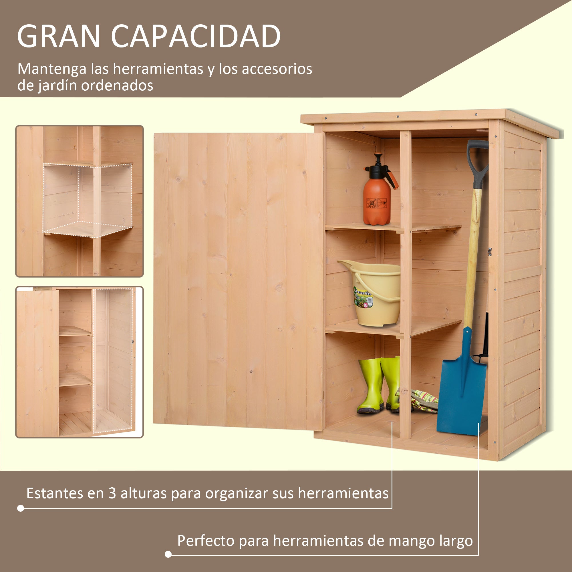 Outsunny Caseta de Jardín de Madera 75x56x115 cm Armario Cobertizo de Exterior para Herramientas con 3 Estantes Interiores Puerta con Pestillo y Techo Asfáltico Natural