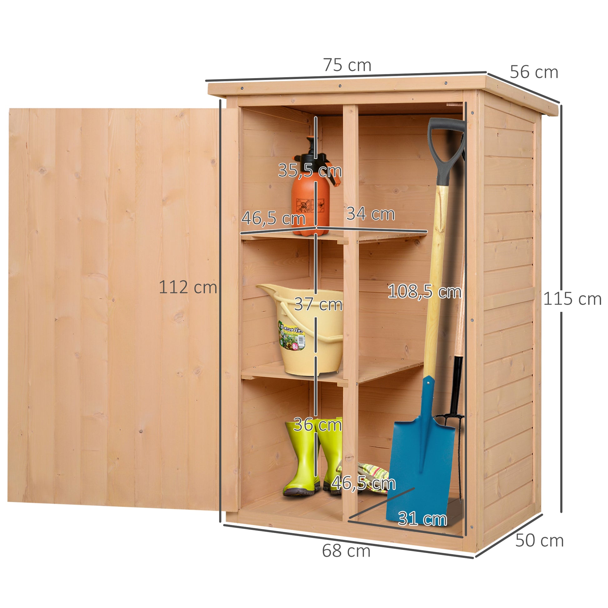 Outsunny Caseta de Jardín de Madera 75x56x115 cm Armario Cobertizo de Exterior para Herramientas con 3 Estantes Interiores Puerta con Pestillo y Techo Asfáltico Natural