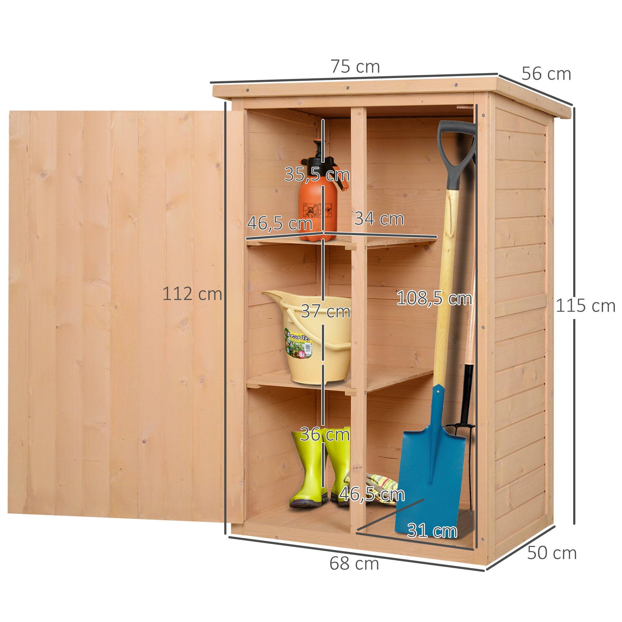 Outsunny Caseta de Jardín de Madera 75x56x115 cm Armario Cobertizo de Exterior para Herramientas con 3 Estantes Interiores Puerta con Pestillo y Techo Asfáltico Natural