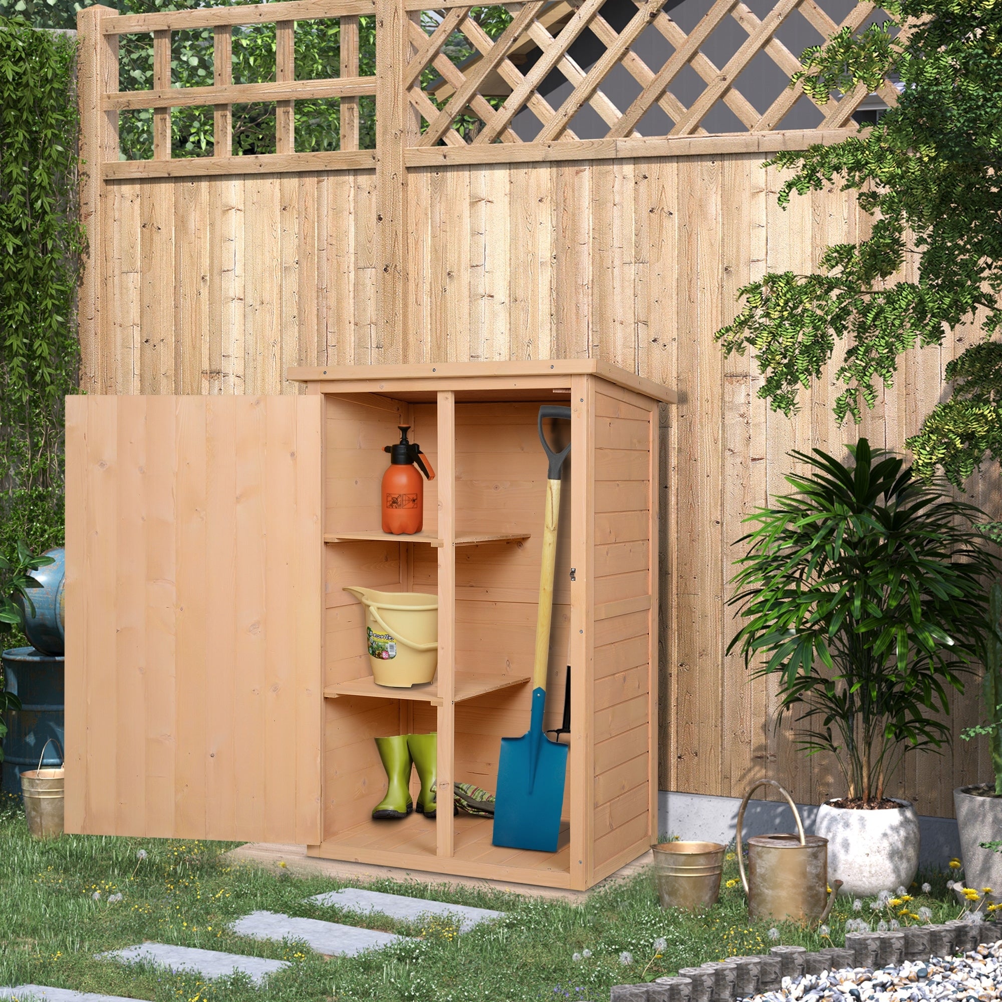Outsunny Caseta de Jardín de Madera 75x56x115 cm Armario Cobertizo de Exterior para Herramientas con 3 Estantes Interiores Puerta con Pestillo y Techo Asfáltico Natural