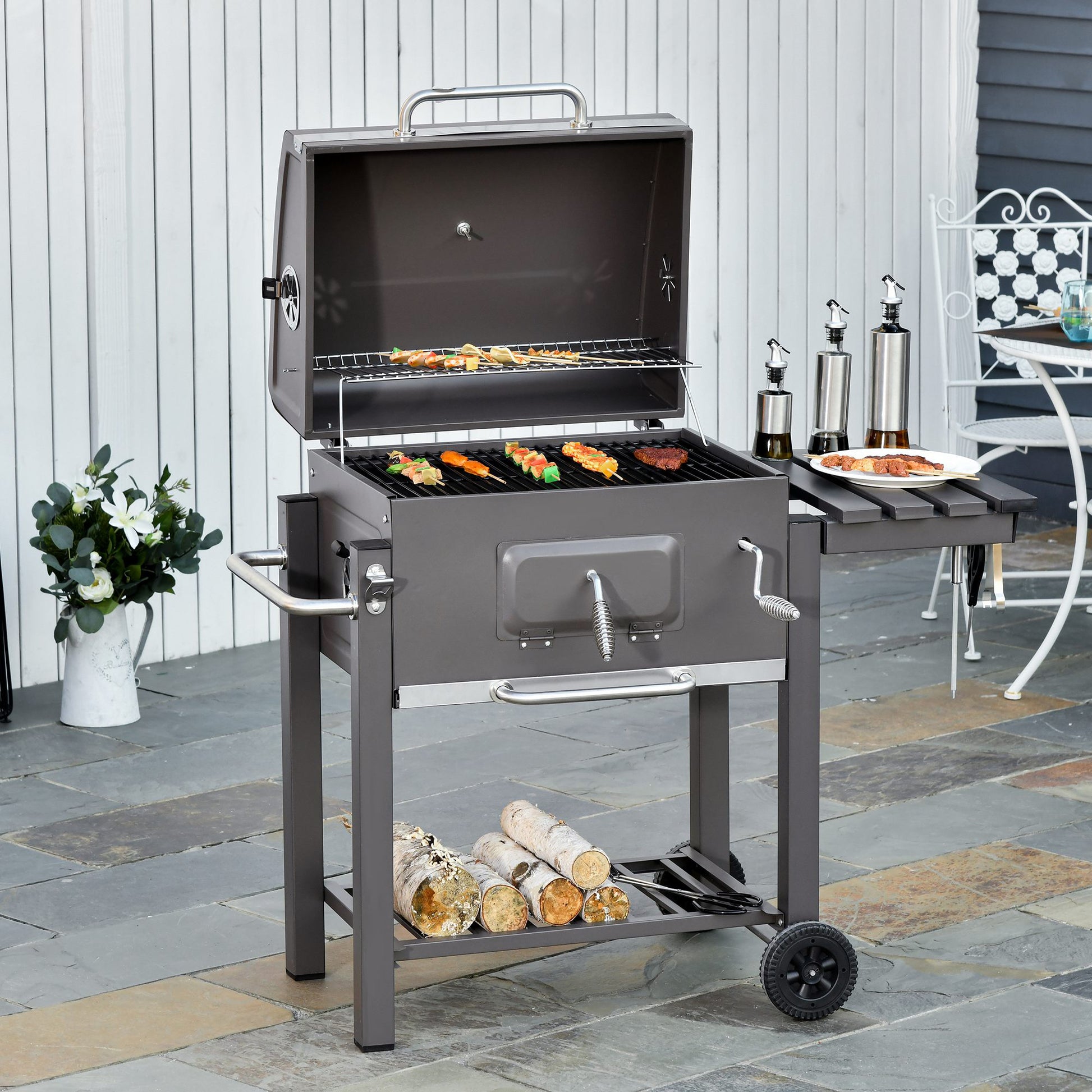 Outsunny Barbacoa de Carbón Vegetal con Ruedas Estantes Parilla Barril Carro de BBQ Picnic Acampada Smoker Ahumador de Carbón 115x56x108cm