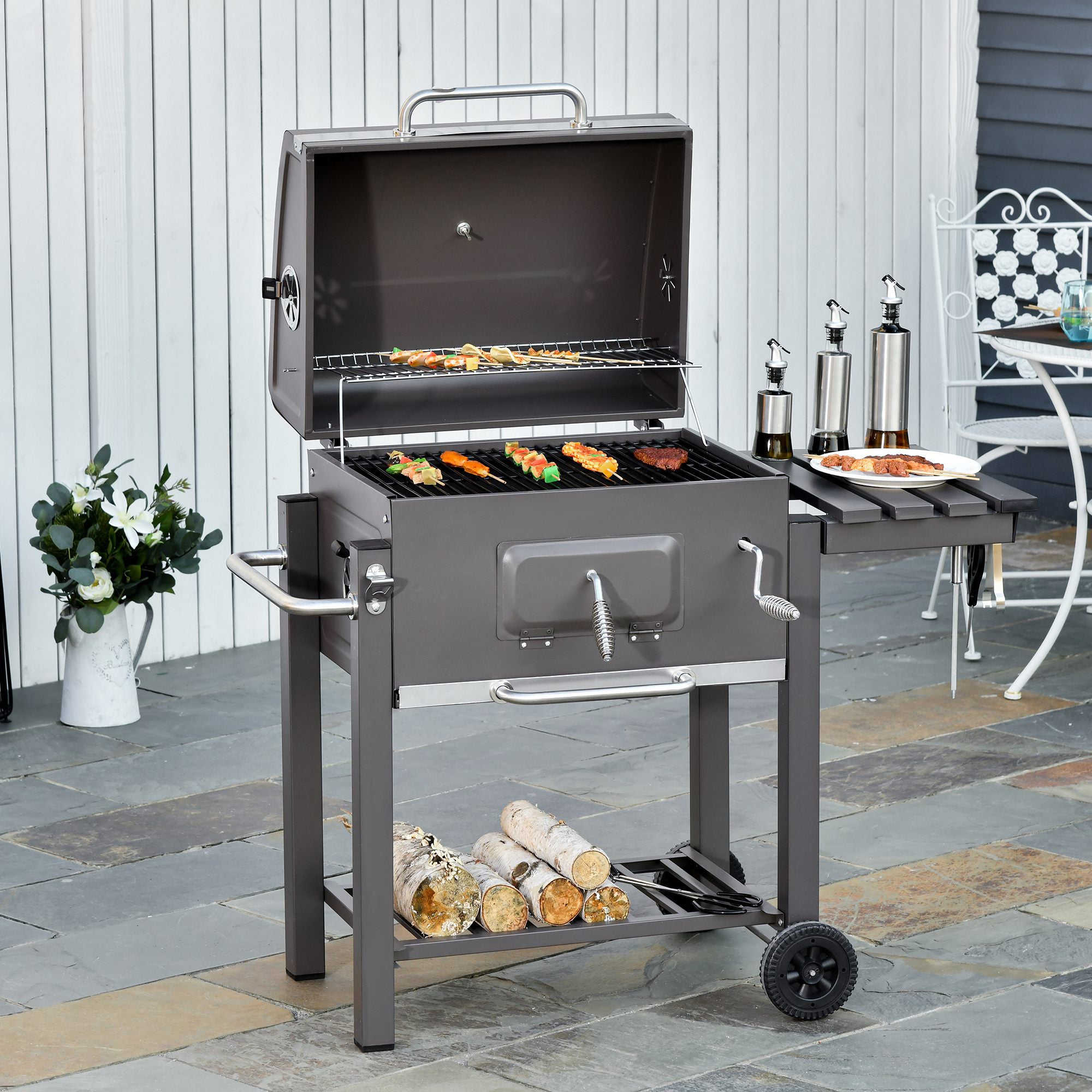 Outsunny Barbacoa de Carbón Vegetal con Ruedas Estantes Parilla Barril Carro de BBQ Picnic Acampada Smoker Ahumador de Carbón 115x56x108cm
