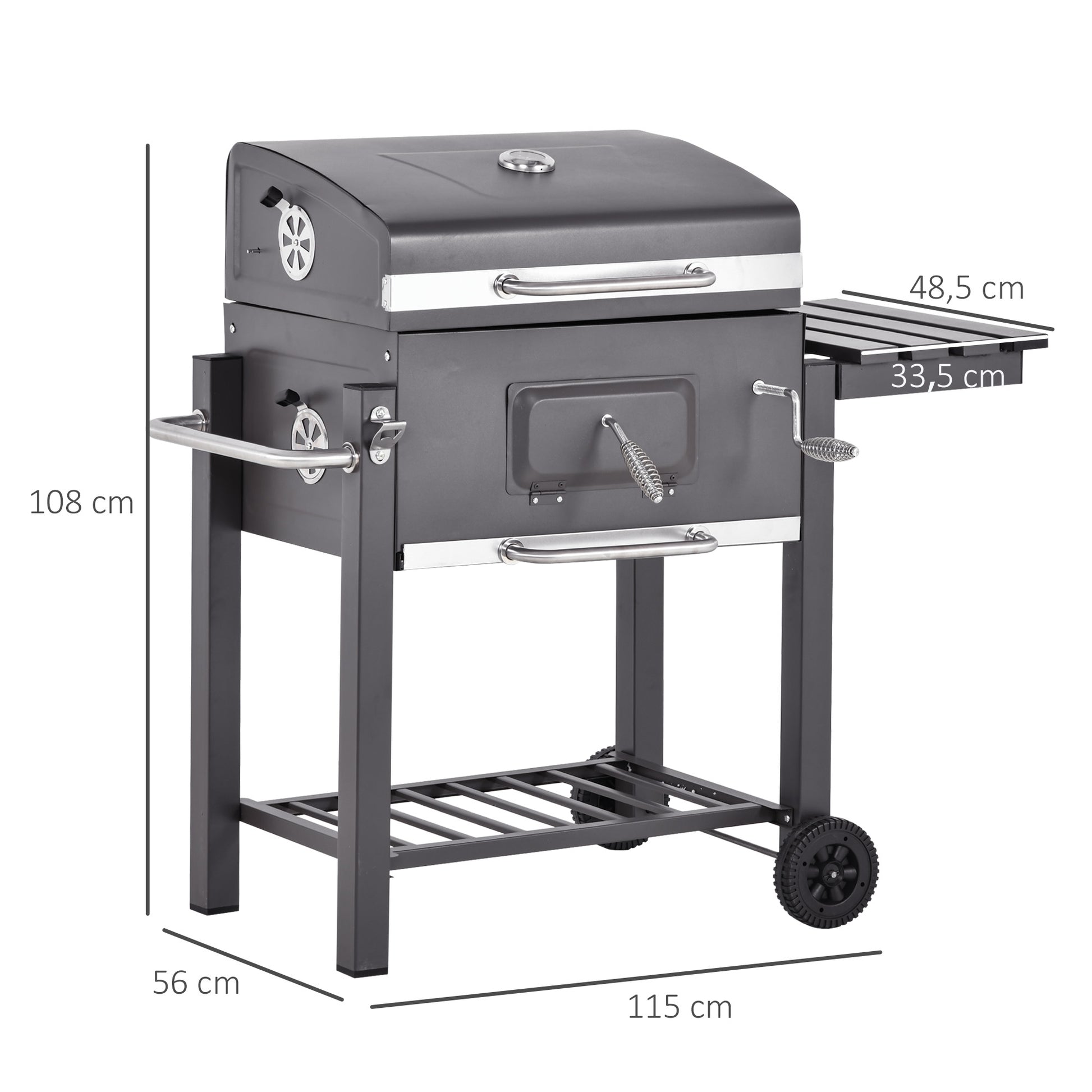 Outsunny Barbacoa de Carbón Vegetal con Ruedas Estantes Parilla Barril Carro de BBQ Picnic Acampada Smoker Ahumador de Carbón 115x56x108cm