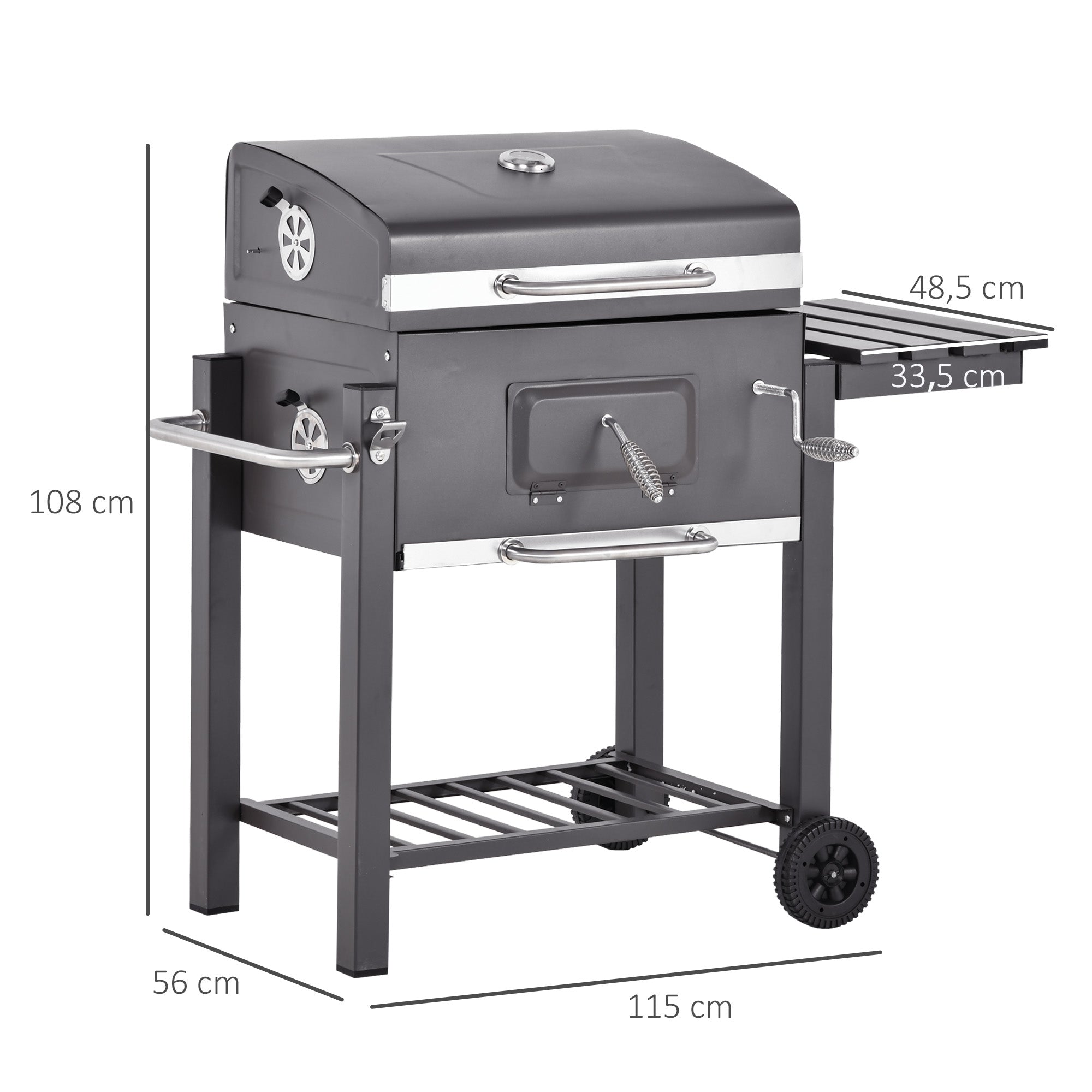 Outsunny Barbacoa de Carbón Vegetal con Ruedas Estantes Parilla Barril Carro de BBQ Picnic Acampada Smoker Ahumador de Carbón 115x56x108cm