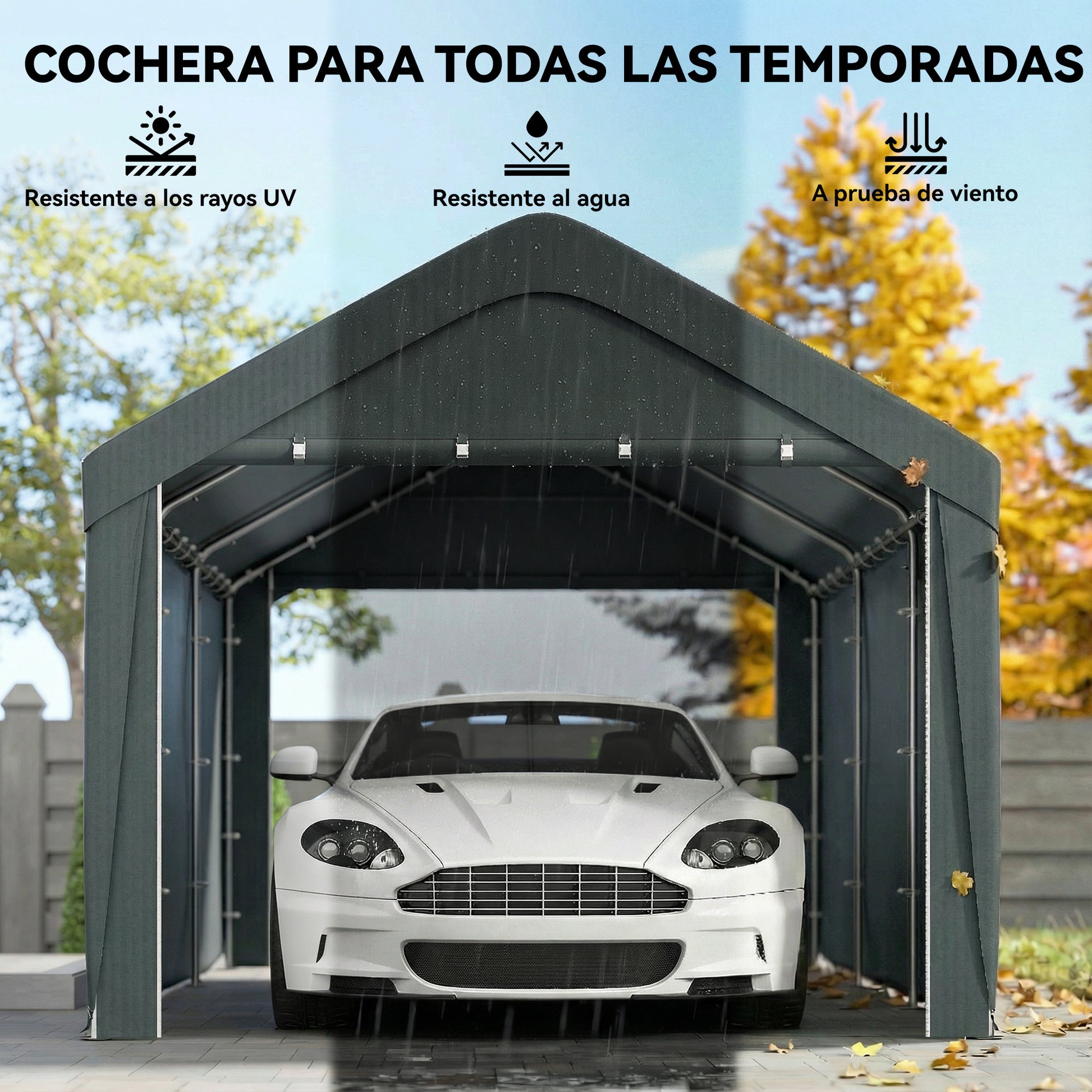 Outsunny Carpa Garaje Portátil 3x6 m, Garaje Exterior para Coche Impermeable con Paredes Laterales Desmontables, Anti-UV, 2 Puertas Enrollables, Cobertizo para Herramientas de Jardín, Gris Oscuro