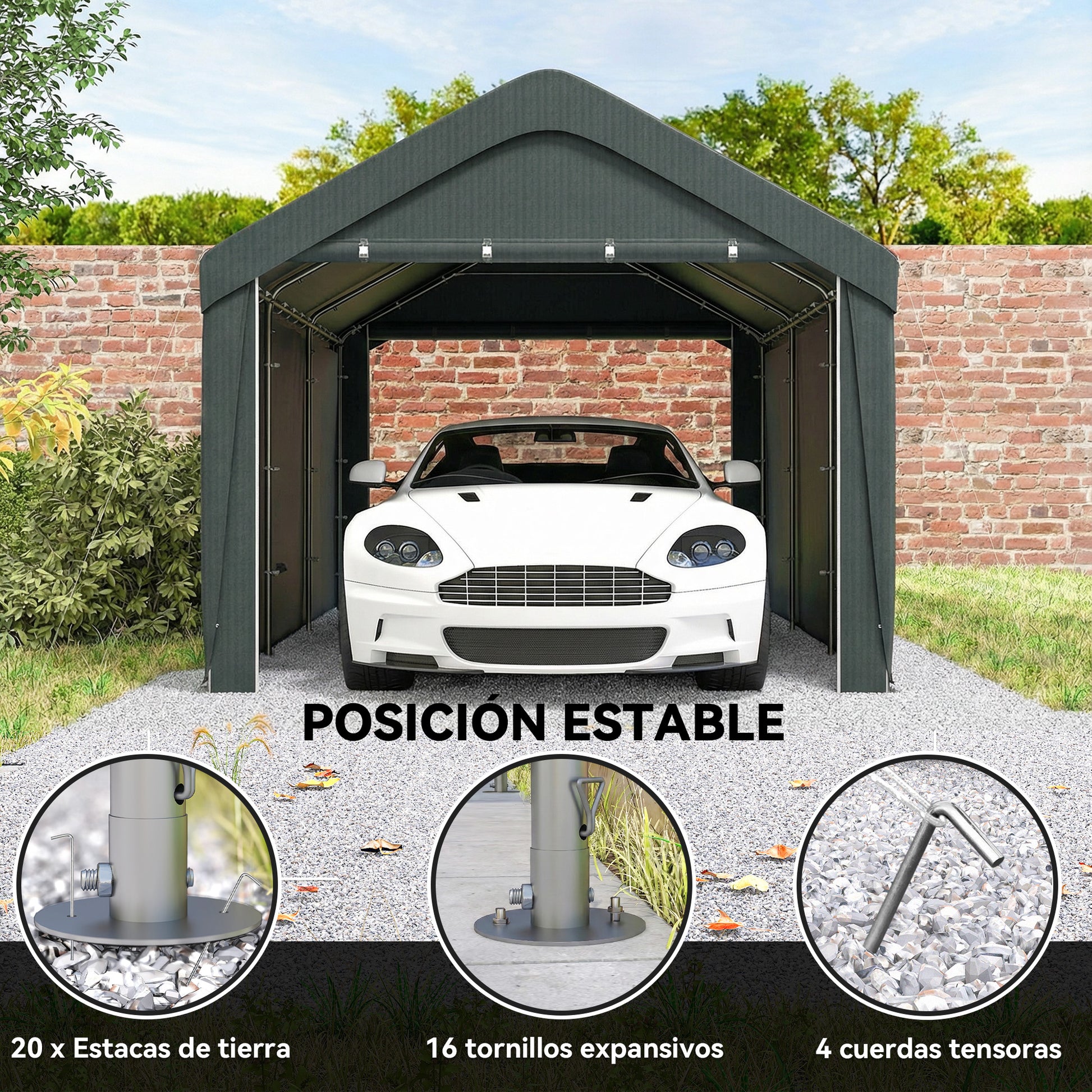 Outsunny Carpa Garaje Portátil 3x6 m, Garaje Exterior para Coche Impermeable con Paredes Laterales Desmontables, Anti-UV, 2 Puertas Enrollables, Cobertizo para Herramientas de Jardín, Gris Oscuro