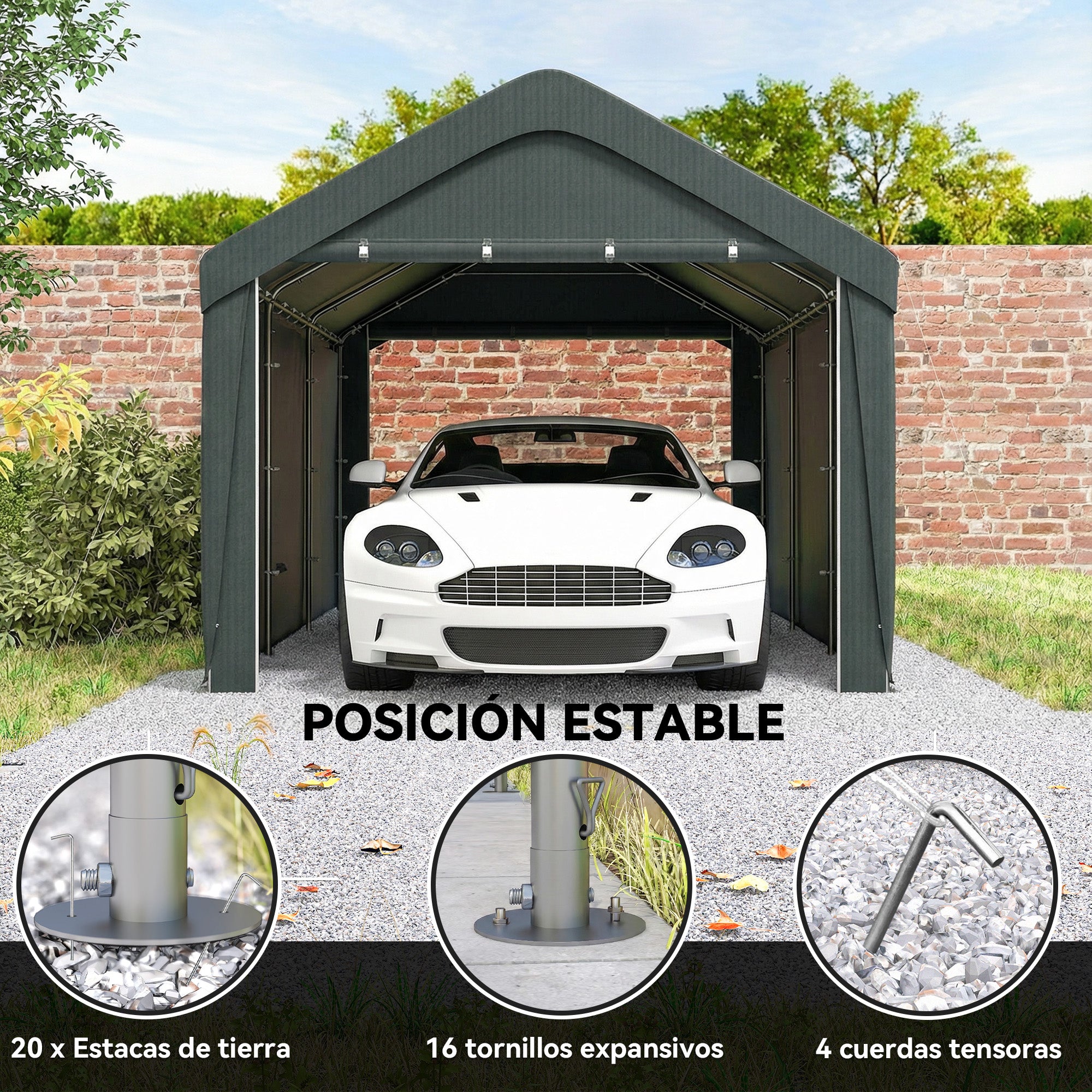 Outsunny Carpa Garaje Portátil 3x6 m, Garaje Exterior para Coche Impermeable con Paredes Laterales Desmontables, Anti-UV, 2 Puertas Enrollables, Cobertizo para Herramientas de Jardín, Gris Oscuro