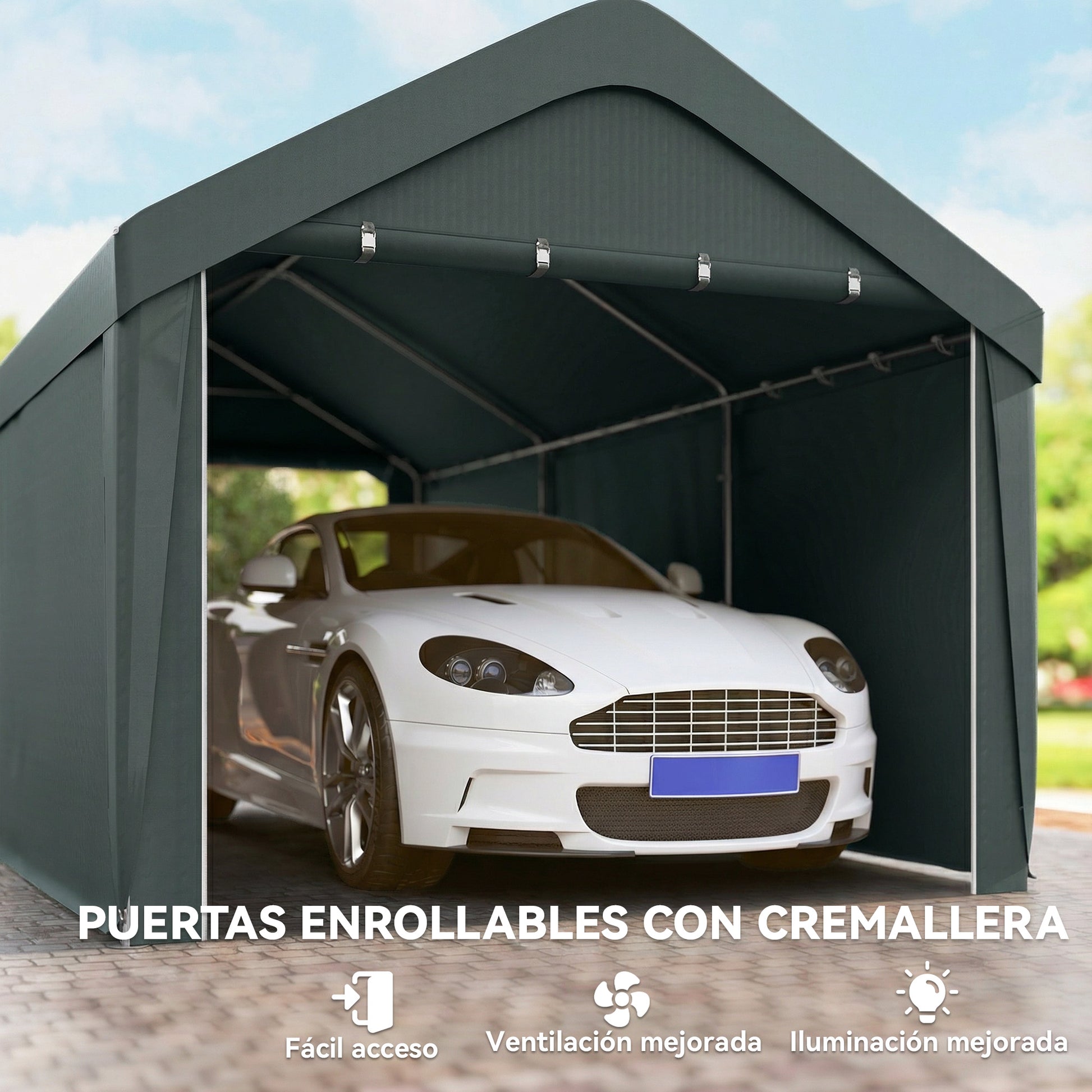 Outsunny Carpa Garaje Portátil 3x6 m, Garaje Exterior para Coche Impermeable con Paredes Laterales Desmontables, Anti-UV, 2 Puertas Enrollables, Cobertizo para Herramientas de Jardín, Gris Oscuro