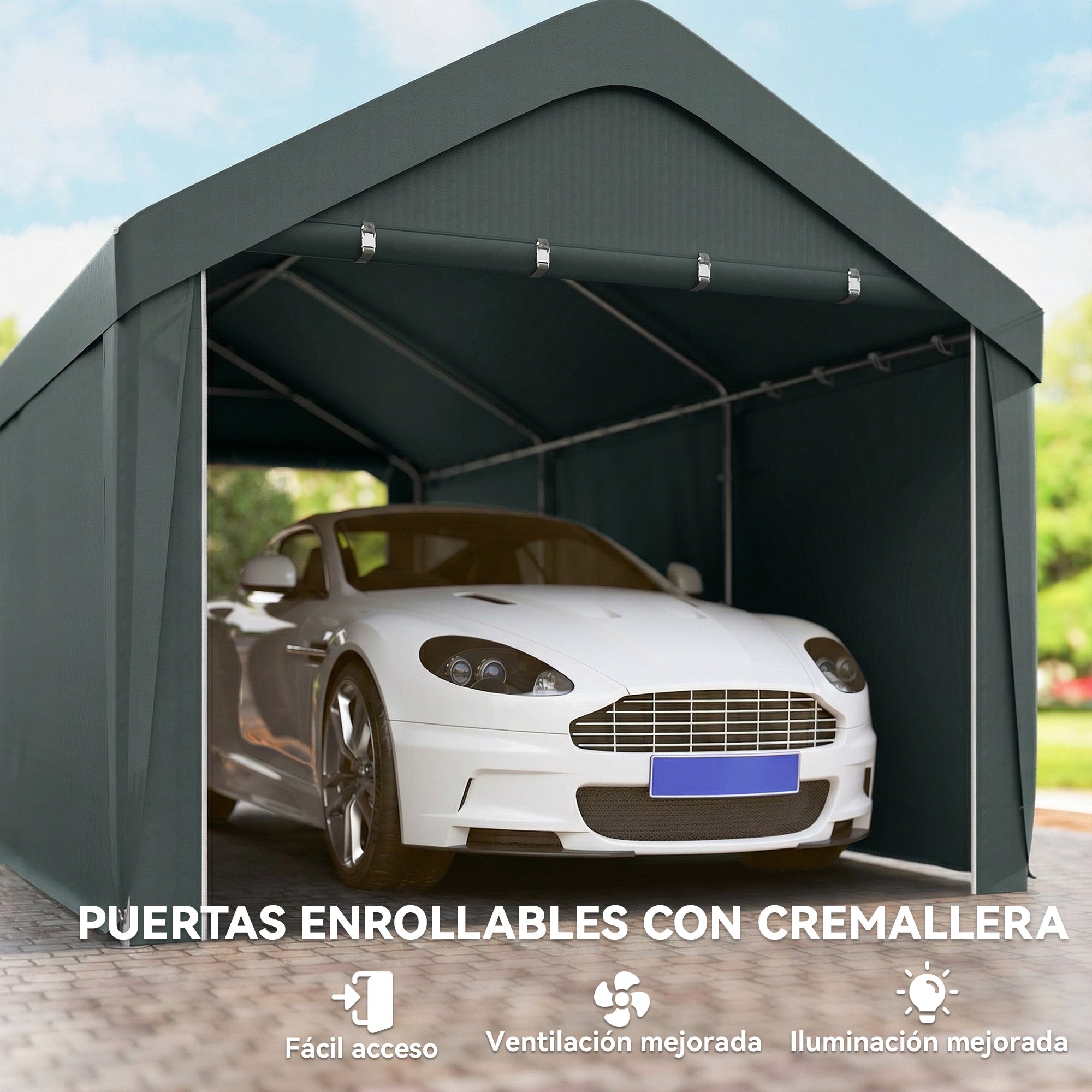 Outsunny Carpa Garaje Portátil 3x6 m, Garaje Exterior para Coche Impermeable con Paredes Laterales Desmontables, Anti-UV, 2 Puertas Enrollables, Cobertizo para Herramientas de Jardín, Gris Oscuro
