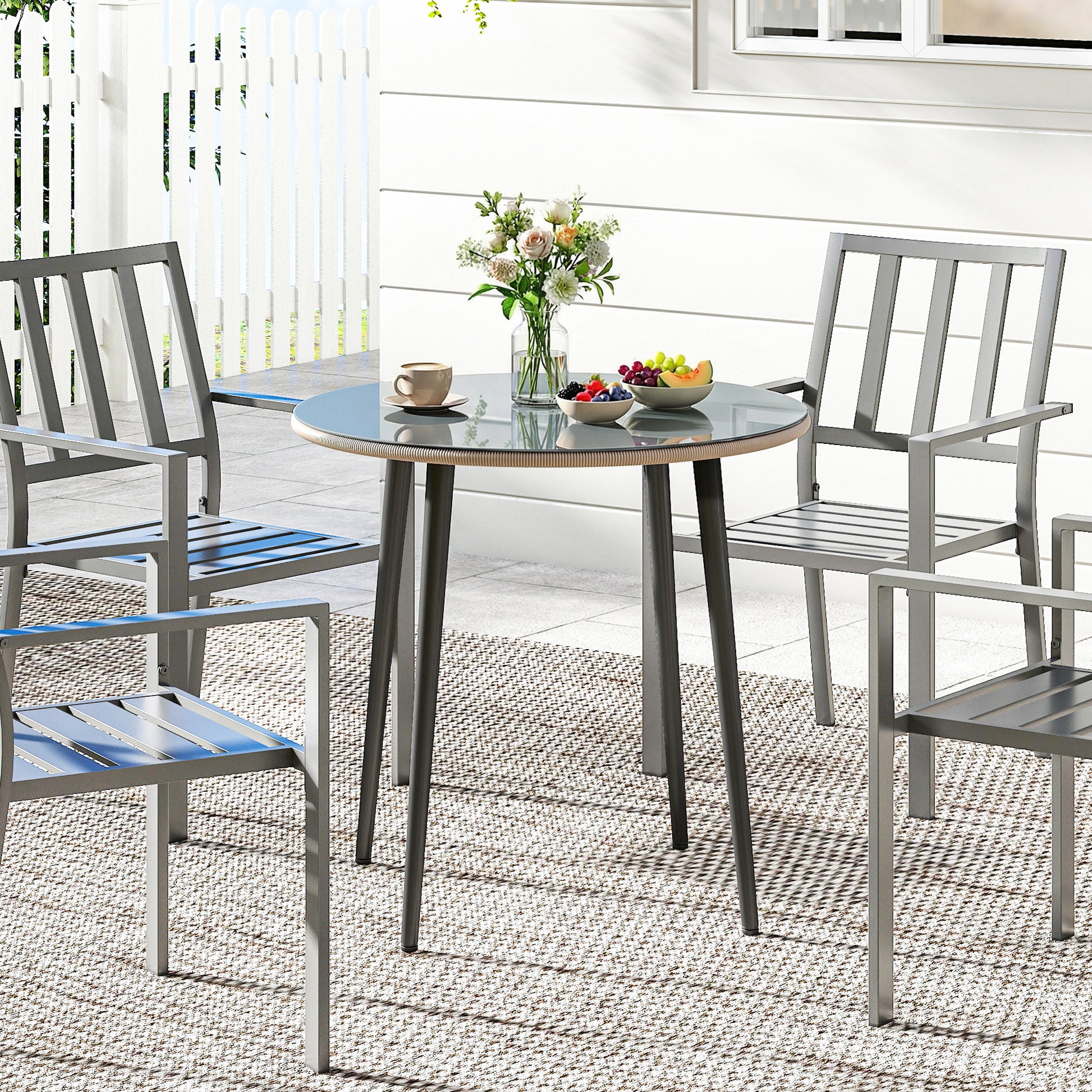 Outsunny Mesa de Comedor de Jardín Redonda, Mesa de Terraza Exterior 80x80x74 cm, con Tablero de Vidrio Templado con Borde de Ratán, Estructura de Acero, Carga 50 kg, para Patio, Balcón, Gris