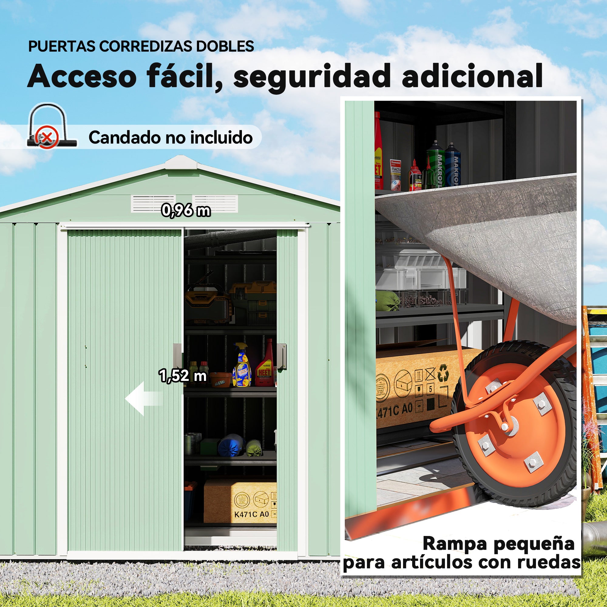 Outsunny Caseta de Jardín Exterior, 2,5 m² 213x130x185 cm, Cobertizo de Jardín Exterior Metálico con 2 Puertas Correderas, Base Refuerzo (Suelo NO Incluido) y 4 Ventanas, Verde Claro