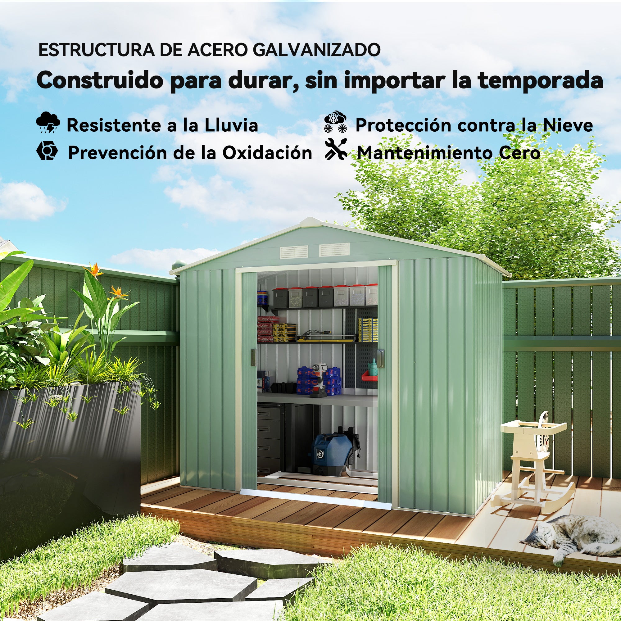 Outsunny Caseta de Jardín Exterior, 2,5 m² 213x130x185 cm, Cobertizo de Jardín Exterior Metálico con 2 Puertas Correderas, Base Refuerzo (Suelo NO Incluido) y 4 Ventanas, Verde Claro