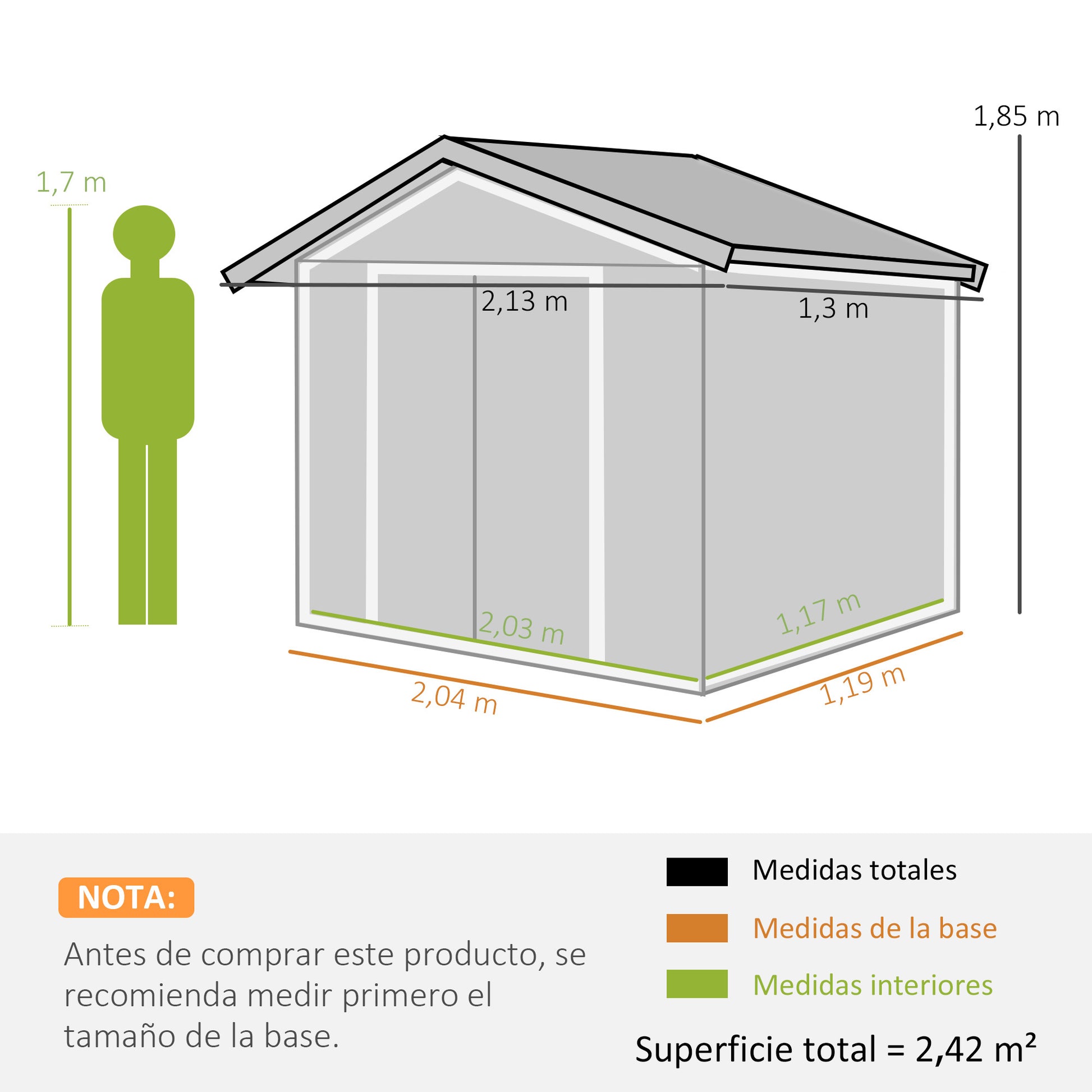Outsunny Caseta de Jardín Exterior, 2,5 m² 213x130x185 cm, Cobertizo de Jardín Exterior Metálico con 2 Puertas Correderas, Base Refuerzo (Suelo NO Incluido) y 4 Ventanas, Verde Claro