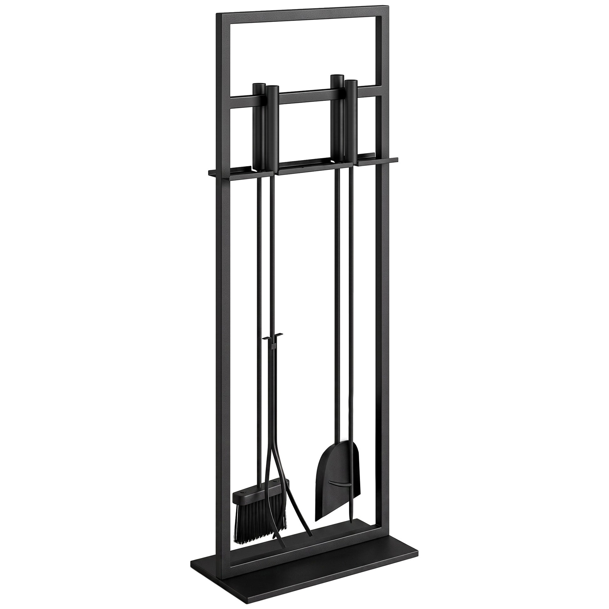 Outsunny Juego Utensilios Chimenea de 5 Piezas, Juego de Accesorios para Chimenea de Metal con Cepillo, Pala, 1 Par de Pinzas, Atizador y Soporte, 28x15x76 cm, Negro