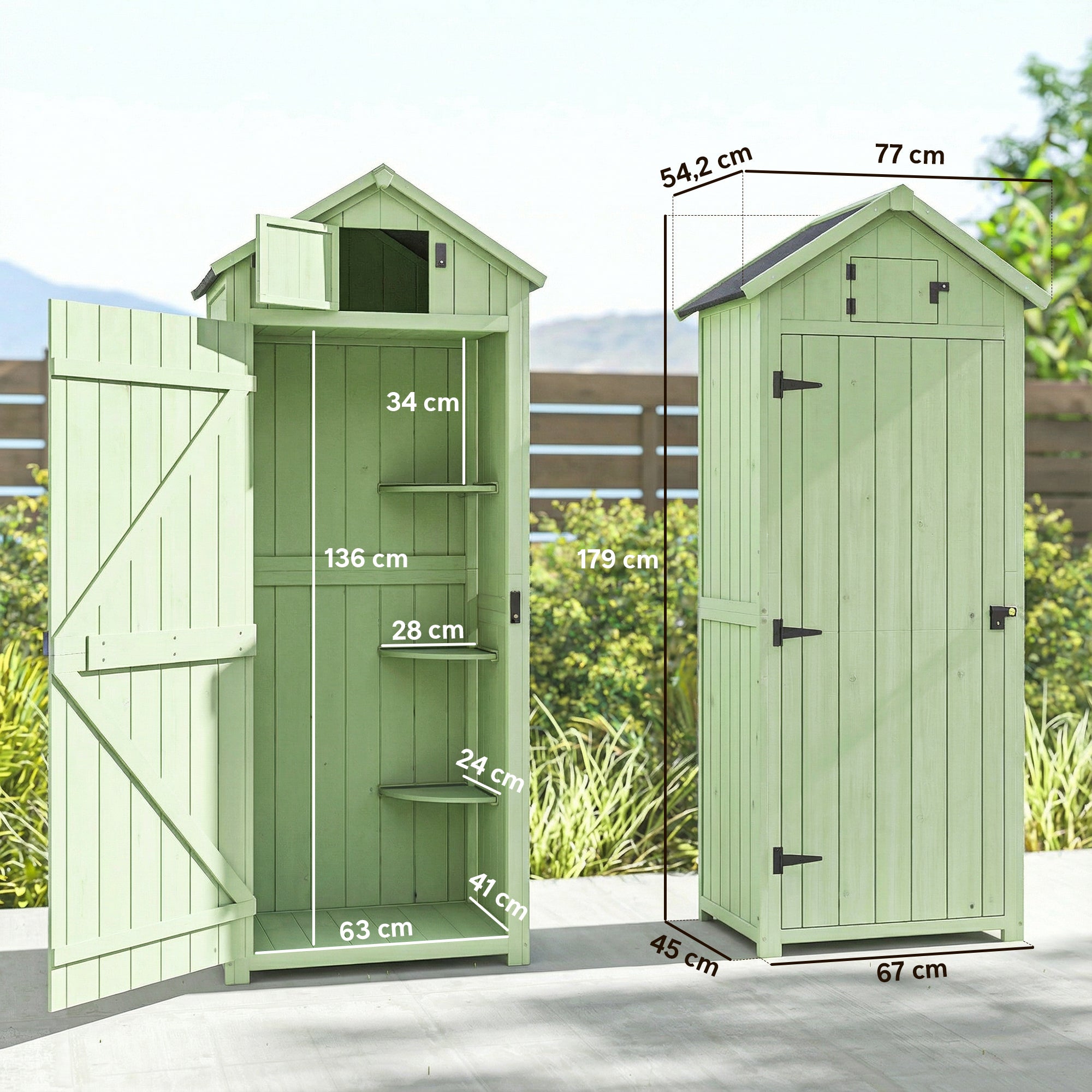 Outsunny Armario de Jardín de Madera 77x54,2x179 cm 0,3 m² Cobertizo para Almacenaje de Herramientas con 3 Estantes y 2 Puertas con Cerrojo para Patio Terraza Verde