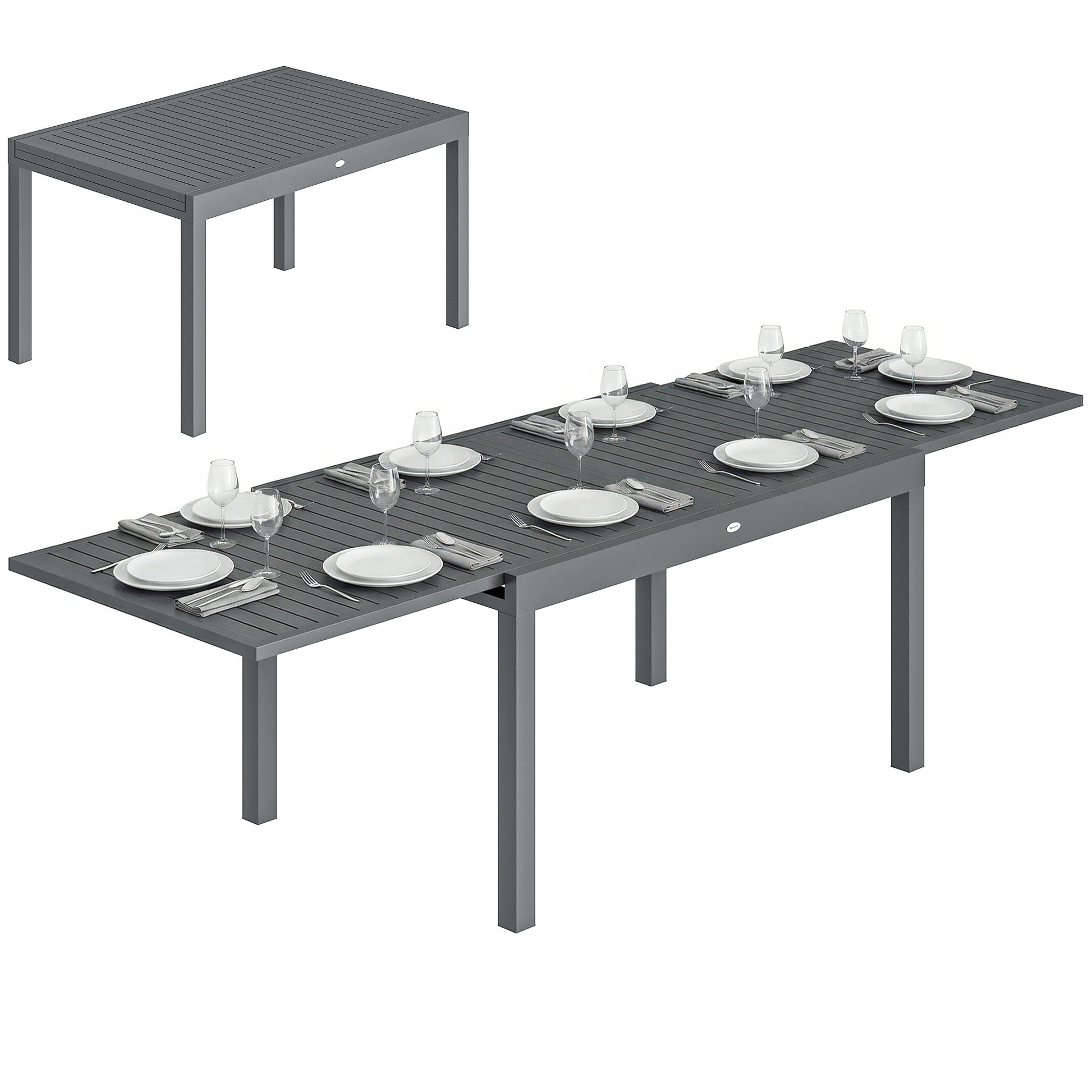 Outsunny Mesa de Jardín Extensible 135/270x90 cm, Mesa de Comedor Exterior Extensible Rectangular de Aluminio, con Superficie de Lamas para 6-10 Personas, para Patio, Terraza, Gris Oscuro