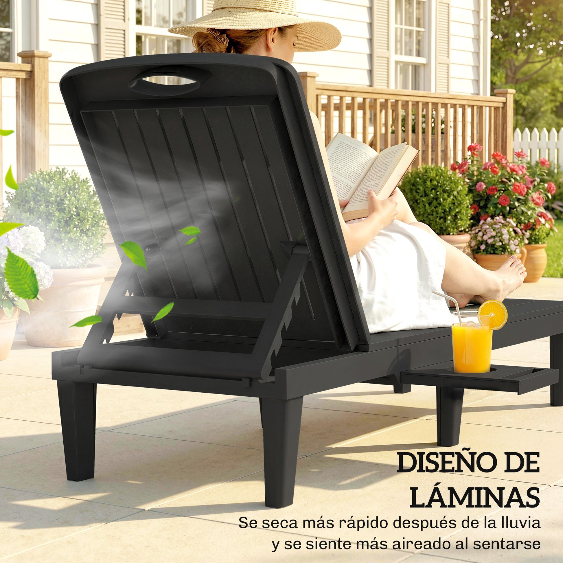 Outsunny Pack de 2 Tumbonas de Jardín Exterior, Tumbonas Reclinables de Plástico PP con Bandeja Lateral, Respaldo Ajustable de 5 Niveles, Resistentes a la Intemperie, para Playa, Piscina, Negro