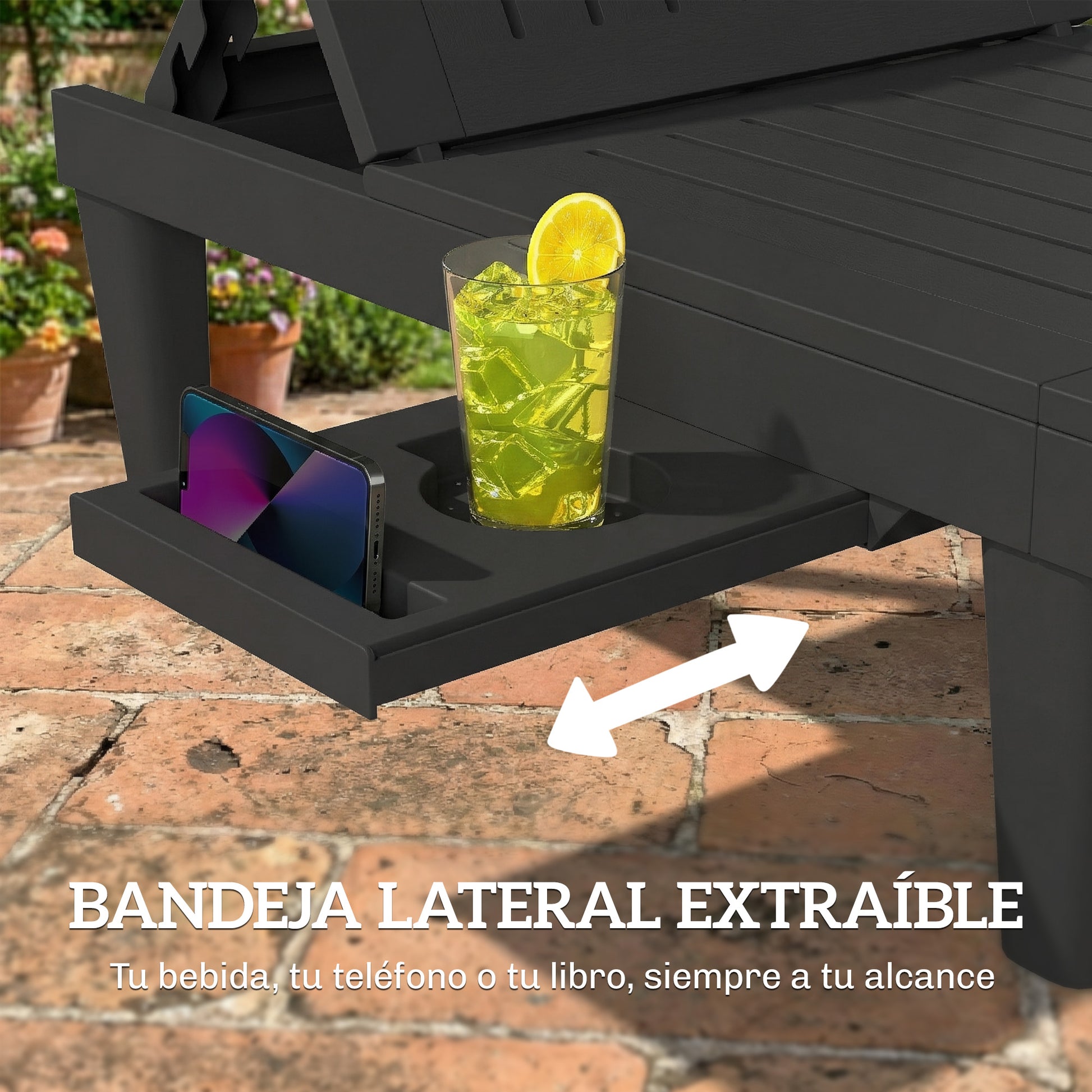 Outsunny Pack de 2 Tumbonas de Jardín Exterior, Tumbonas Reclinables de Plástico PP con Bandeja Lateral, Respaldo Ajustable de 5 Niveles, Resistentes a la Intemperie, para Playa, Piscina, Negro