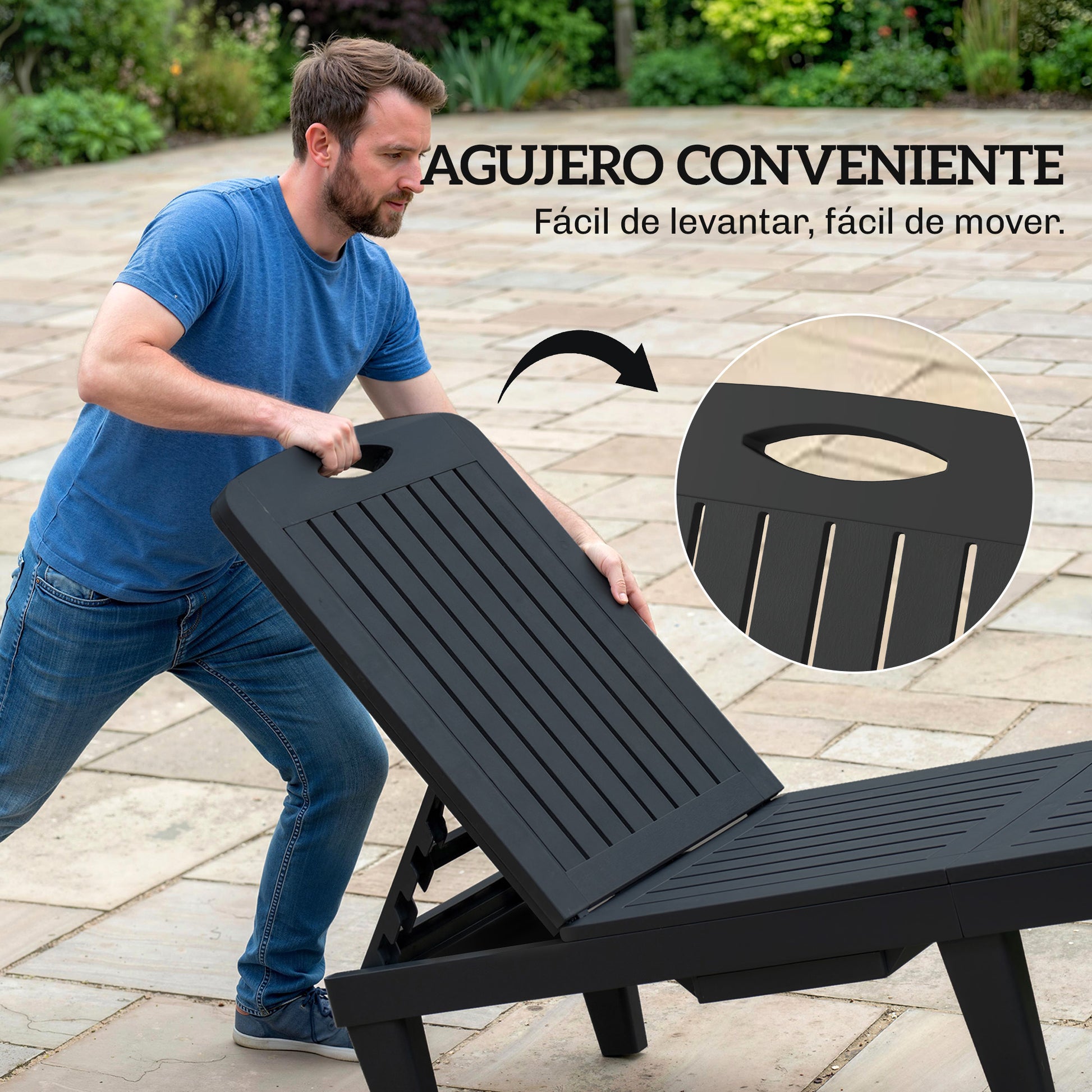 Outsunny Pack de 2 Tumbonas de Jardín Exterior, Tumbonas Reclinables de Plástico PP con Bandeja Lateral, Respaldo Ajustable de 5 Niveles, Resistentes a la Intemperie, para Playa, Piscina, Negro