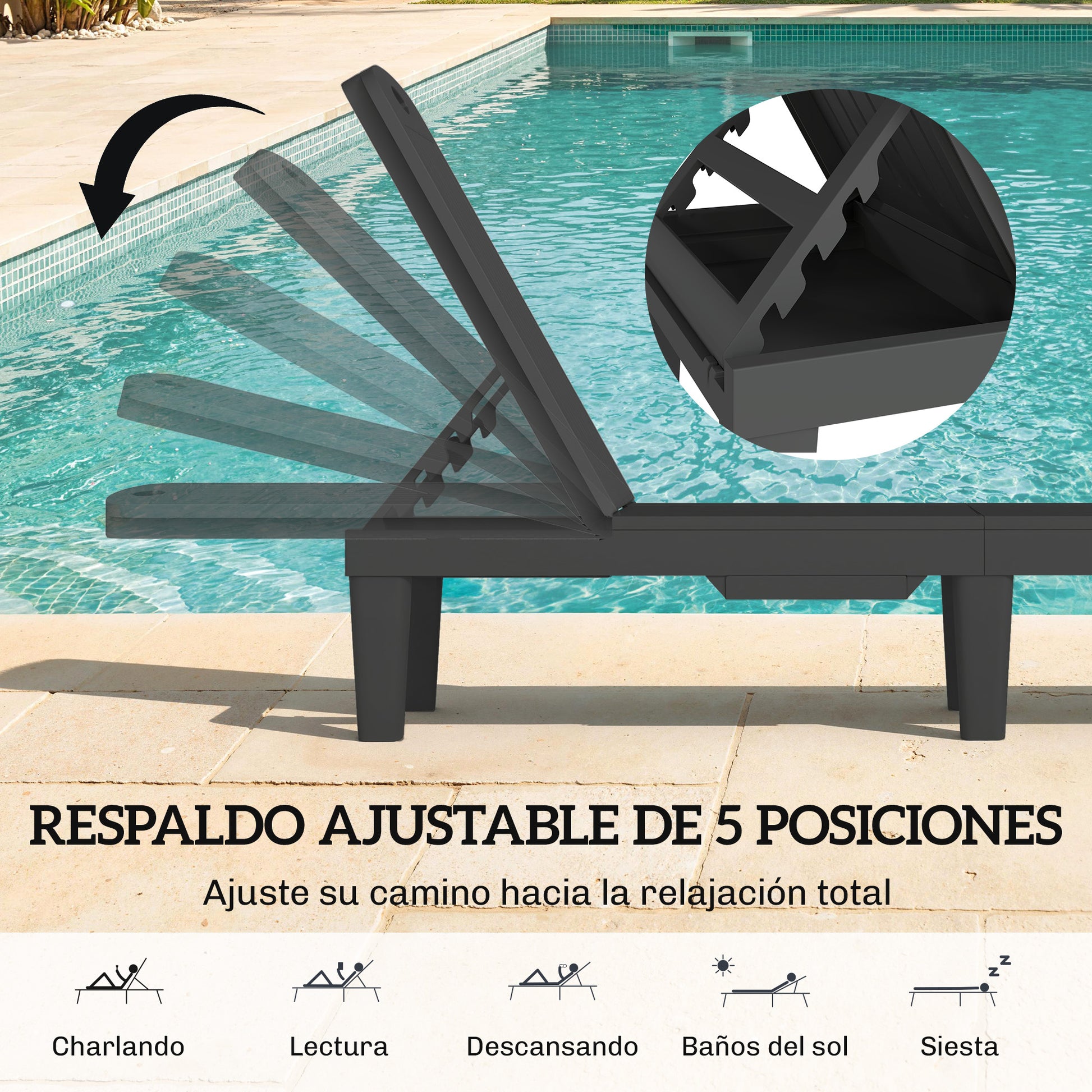 Outsunny Pack de 2 Tumbonas de Jardín Exterior, Tumbonas Reclinables de Plástico PP con Bandeja Lateral, Respaldo Ajustable de 5 Niveles, Resistentes a la Intemperie, para Playa, Piscina, Negro