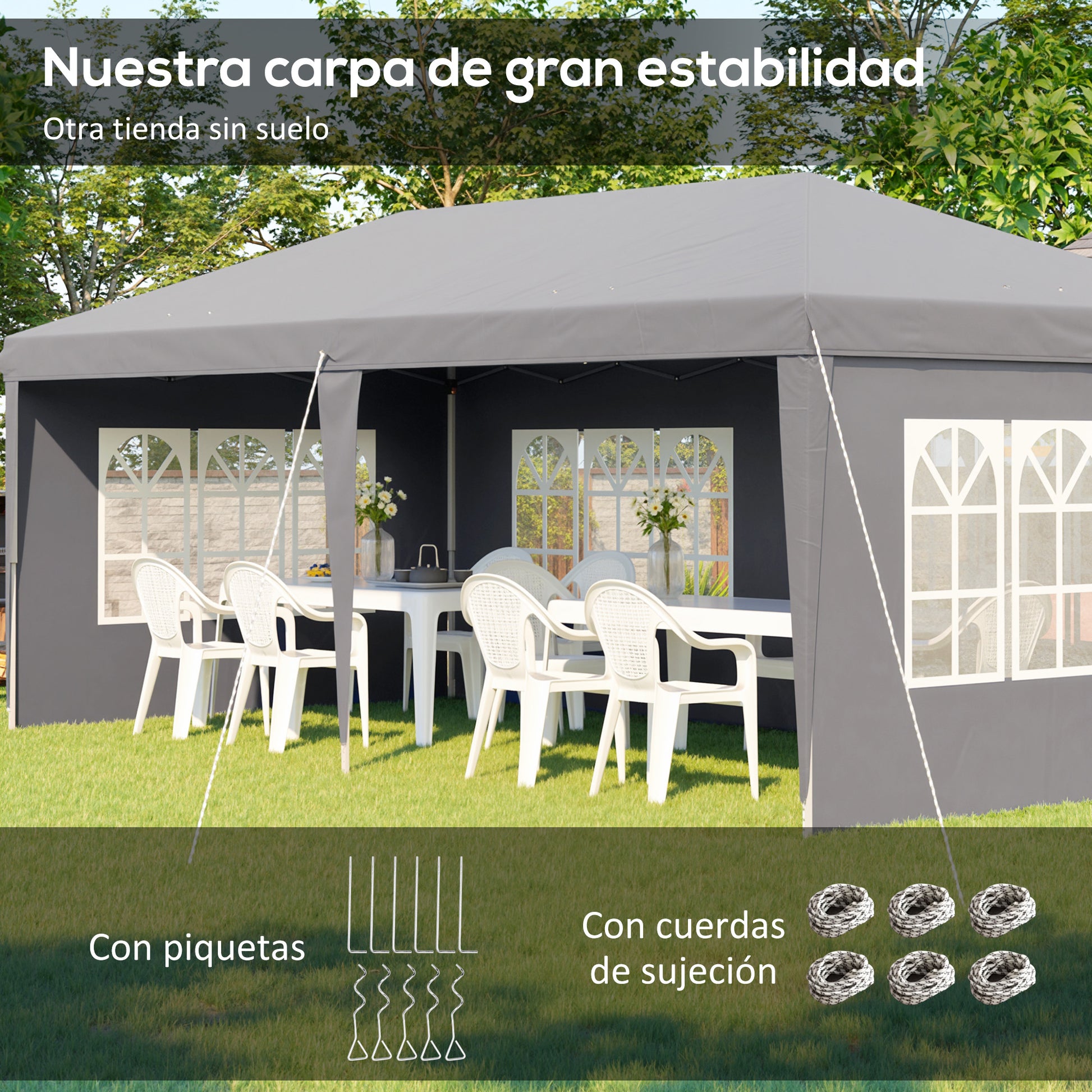 Outsunny Carpa Plegable 6x3 m, Pop-up, con 4 Laterales Desmontables, Cenador de Jardín con 4 Ventanas Visibles y Bolsa de Transporte, Impermeable, Anti-UV, Gazebo para Camping, Fiestas, Exterior, Gris