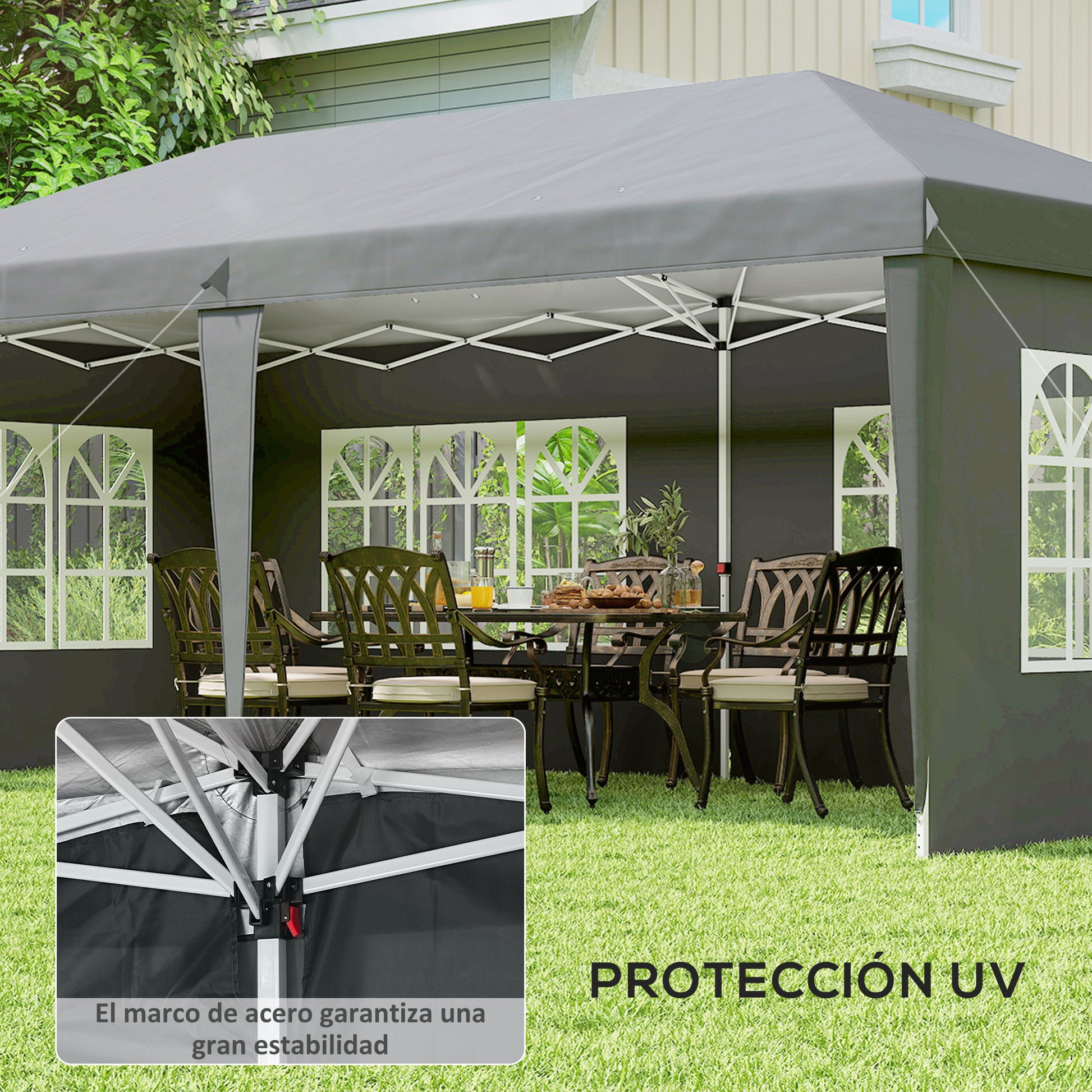Outsunny Carpa Plegable 6x3 m, Pop-up, con 4 Laterales Desmontables, Cenador de Jardín con 4 Ventanas Visibles y Bolsa de Transporte, Impermeable, Anti-UV, Gazebo para Camping, Fiestas, Exterior, Gris