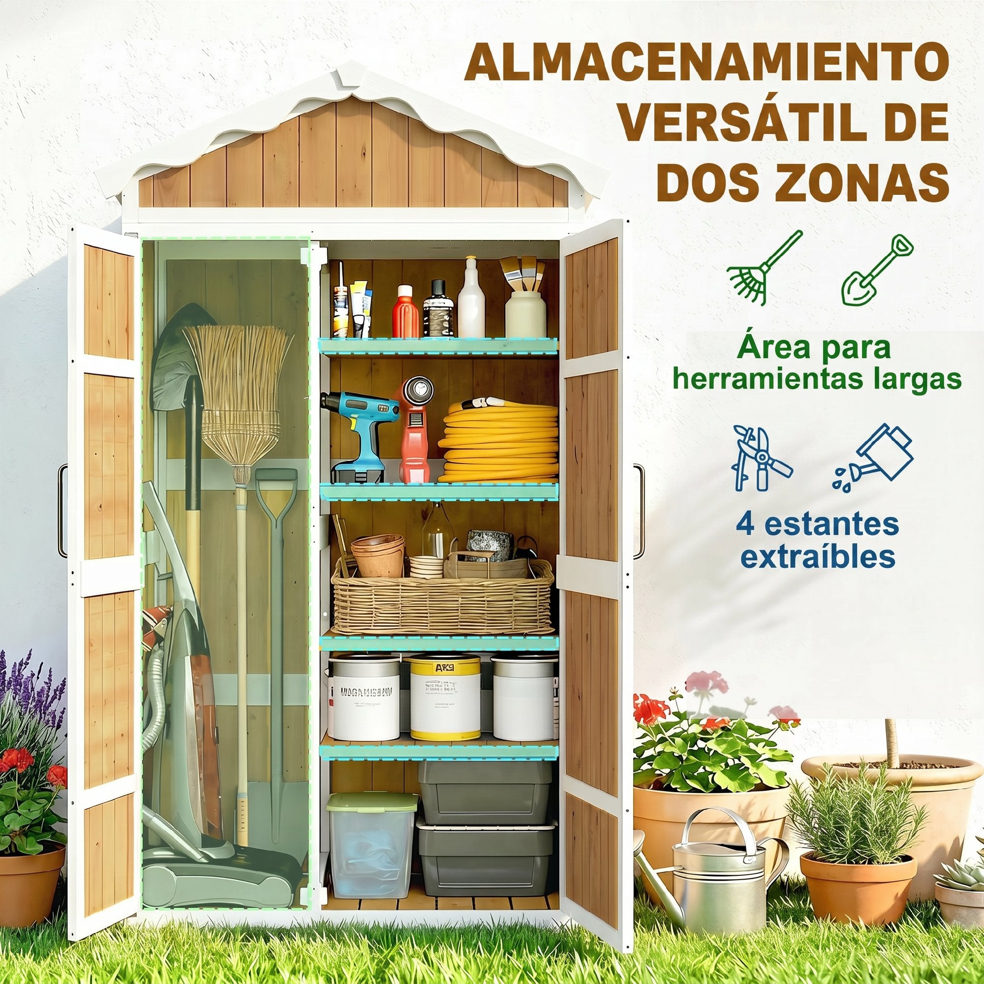 Outsunny Caseta de Jardín de Madera 105x55x179 cm Cobertizo Jardín Exterior Impermeable Armario Exterior Herramientas con Puertas 4 Estantes Extraíbles Techo Metal Galvanizado Pies Ajustables Natural