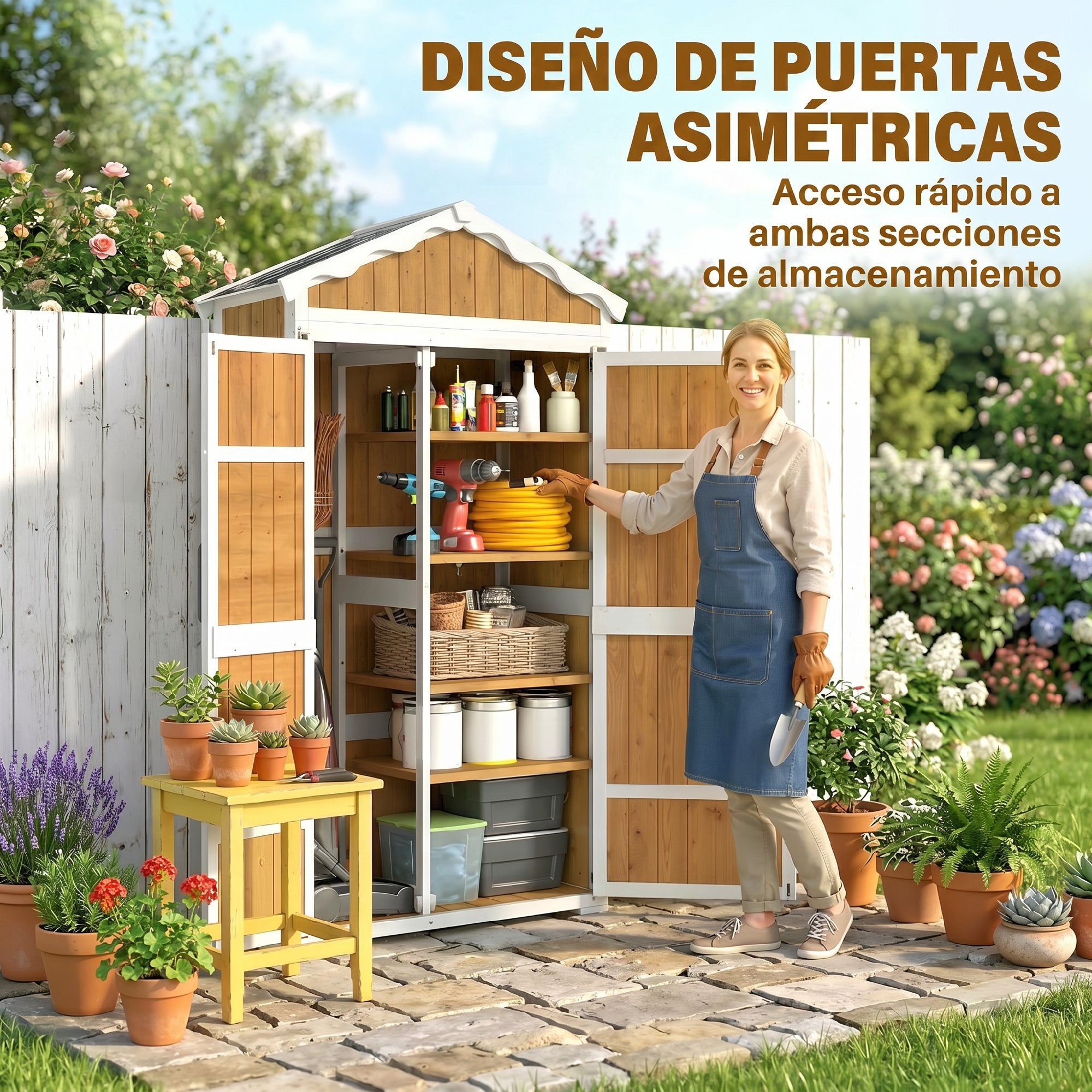 Outsunny Caseta de Jardín de Madera 105x55x179 cm Cobertizo Jardín Exterior Impermeable Armario Exterior Herramientas con Puertas 4 Estantes Extraíbles Techo Metal Galvanizado Pies Ajustables Natural