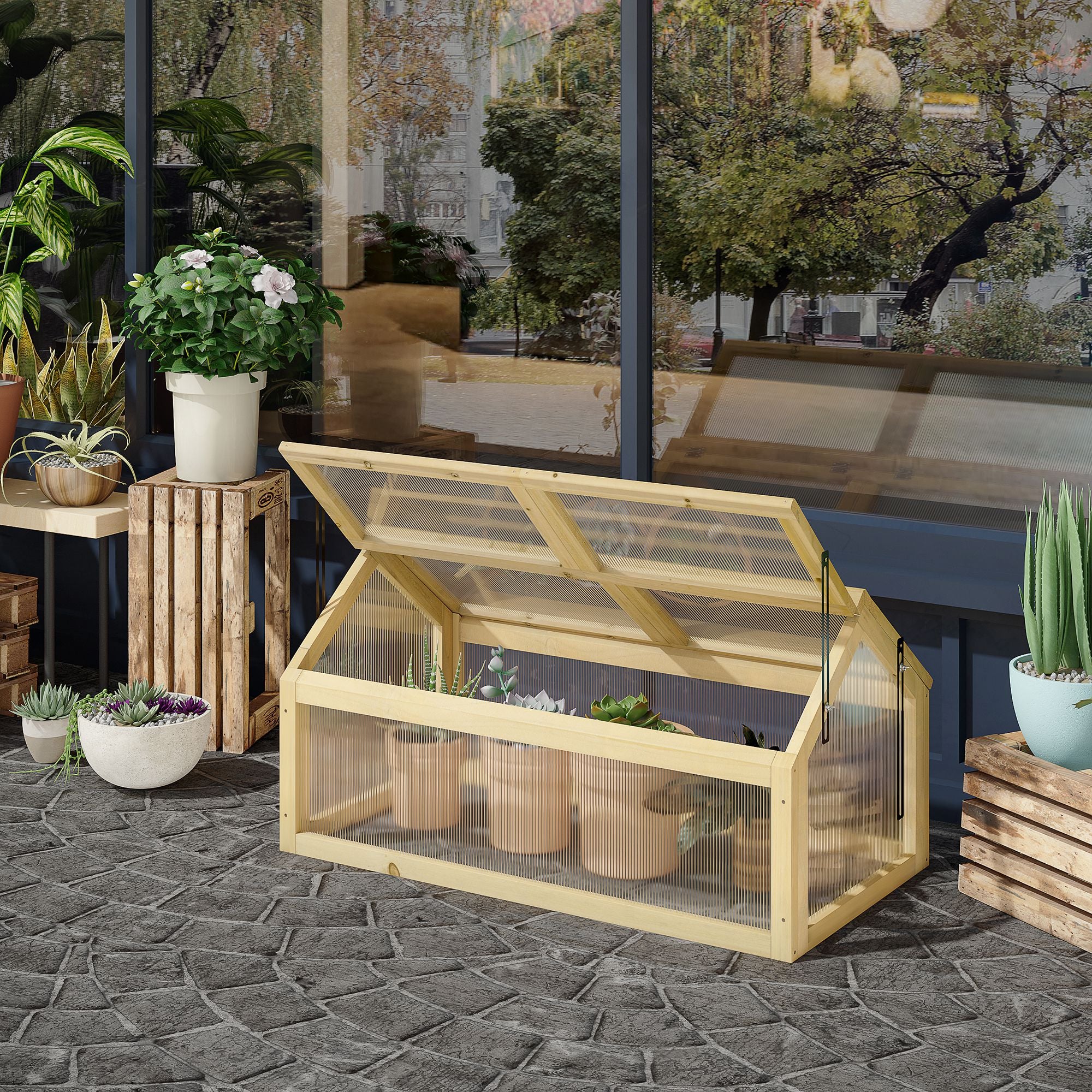Outsunny Invernadero de Jardín con Paneles de Policarbonato Huerto Urbano de Jardín Vivero Casero con 4 Ventanas Abatibles para Cultivo Plantas Flores Terraza Exterior 90x48x49,5 cm Transparente