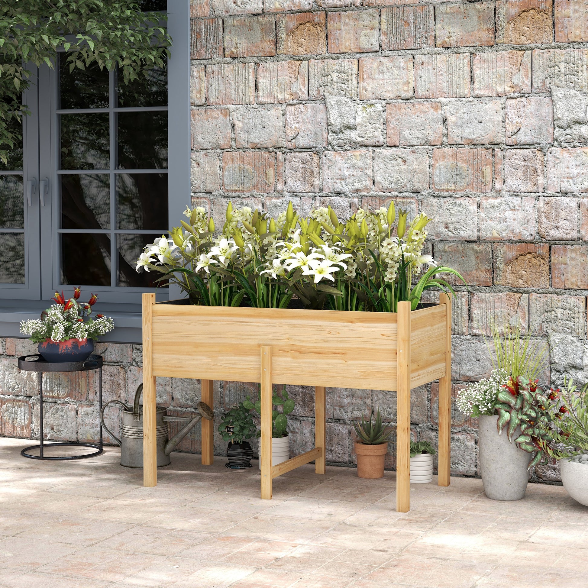 Outsunny Mesa de Cultivo de Madera Huerto Urbano Elevado 115x55x80 cm Jardinera de Cultivo con Tela no Tejida para Cultivo Plantas Flores Verduras Natural