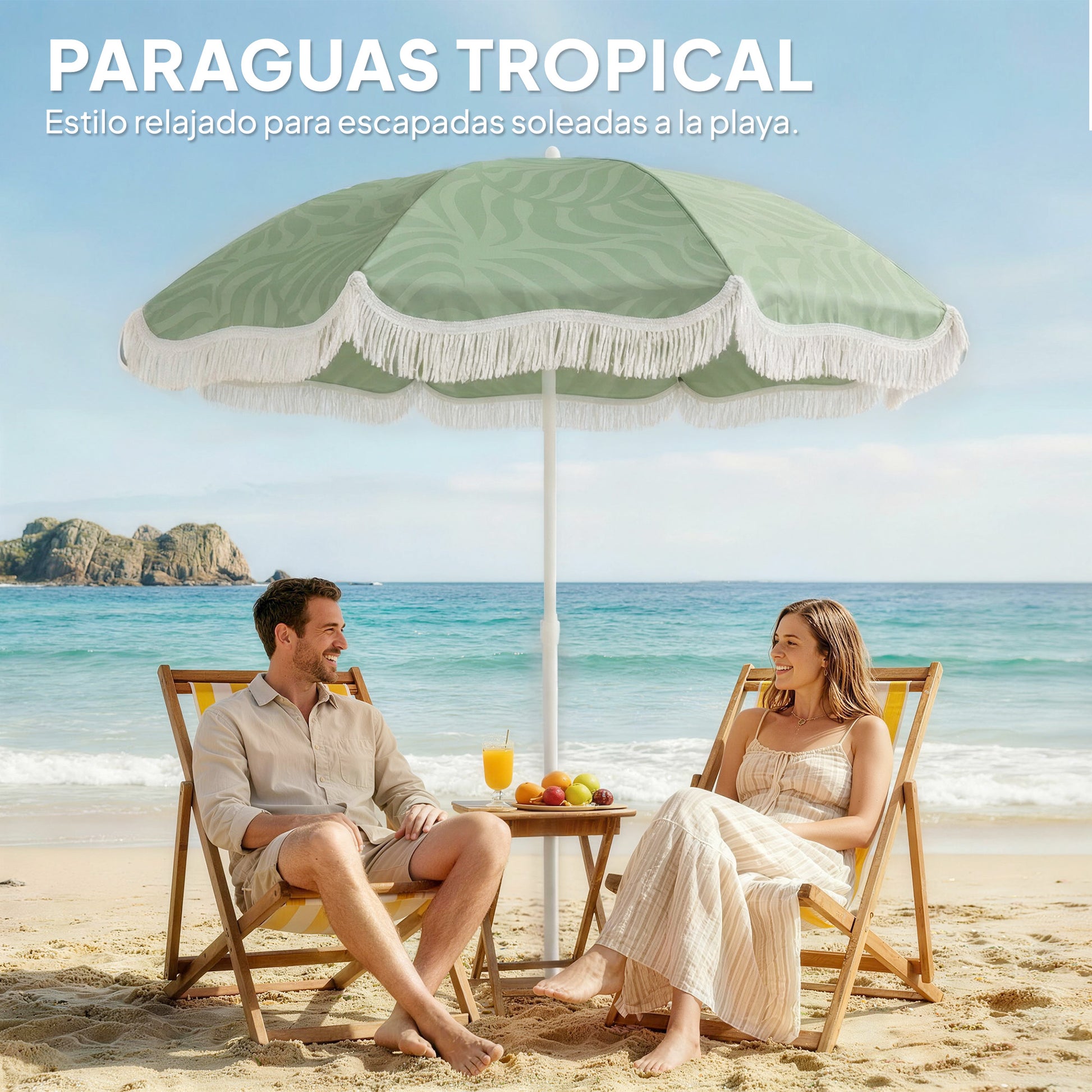 Outsunny Sombrilla de Playa con Flecos Ø180 cm, Sombrilla de Terraza Exterior con Altura Ajustable, Inclinación, Anclaje Arena y Bolsa de Transporte, UPF30+, Estampado de Hojas, Verde
