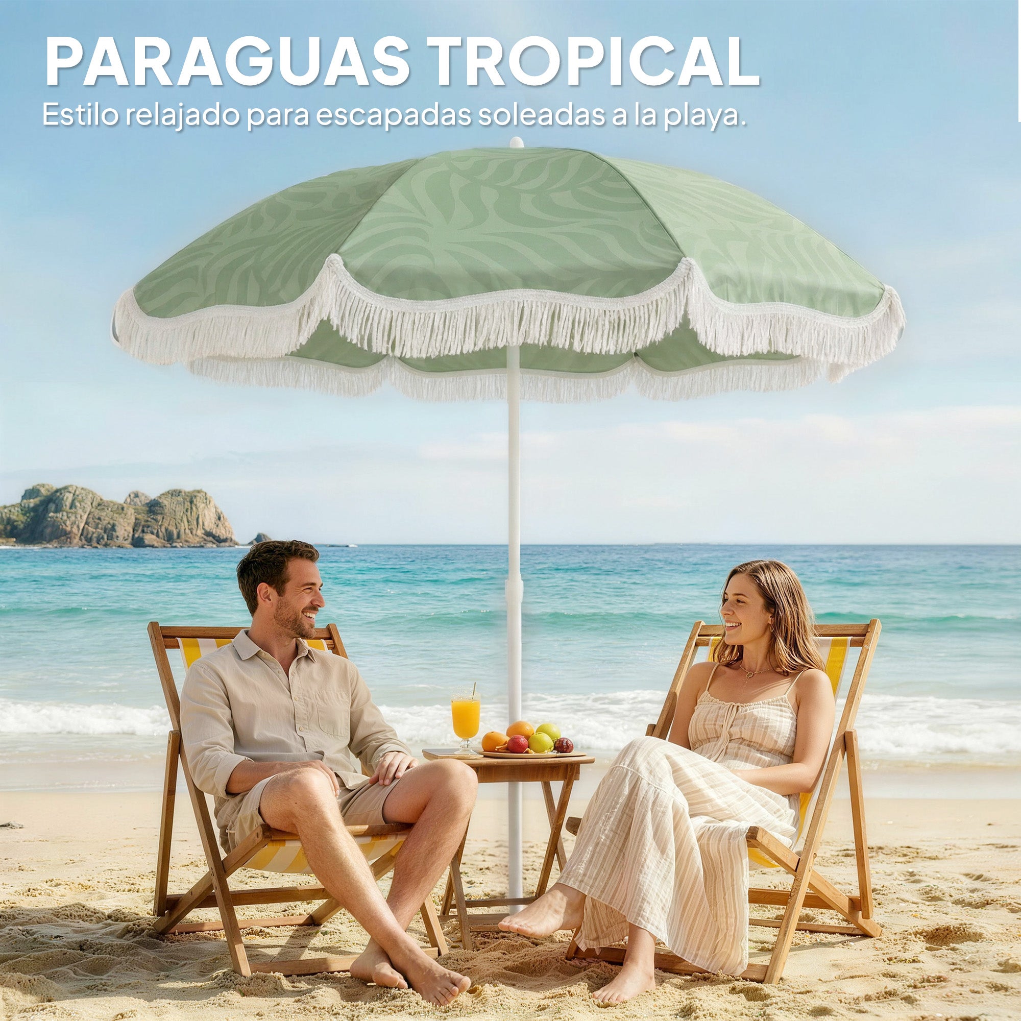 Outsunny Sombrilla de Playa con Flecos Ø180 cm, Sombrilla de Terraza Exterior con Altura Ajustable, Inclinación, Anclaje Arena y Bolsa de Transporte, UPF30+, Estampado de Hojas, Verde