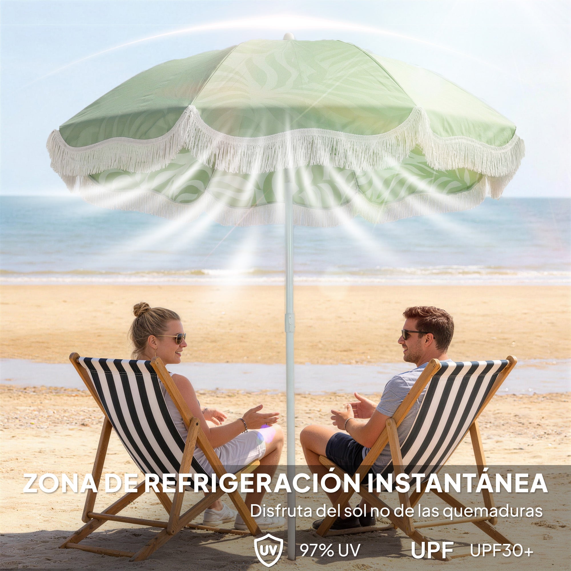 Outsunny Sombrilla de Playa con Flecos Ø180 cm, Sombrilla de Terraza Exterior con Altura Ajustable, Inclinación, Anclaje Arena y Bolsa de Transporte, UPF30+, Estampado de Hojas, Verde