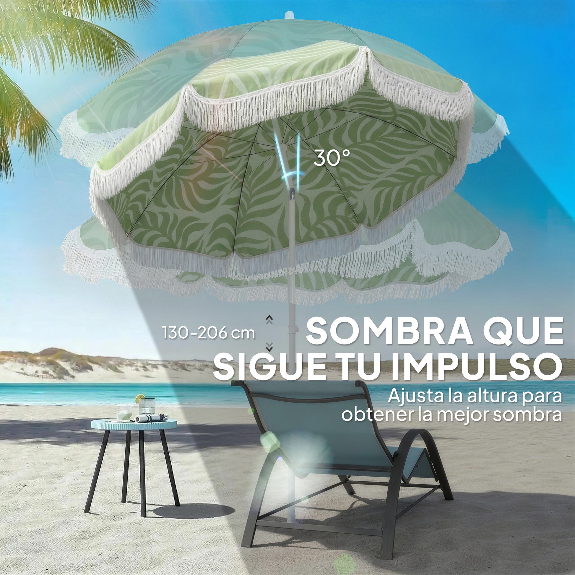 Outsunny Sombrilla de Playa con Flecos Ø180 cm, Sombrilla de Terraza Exterior con Altura Ajustable, Inclinación, Anclaje Arena y Bolsa de Transporte, UPF30+, Estampado de Hojas, Verde